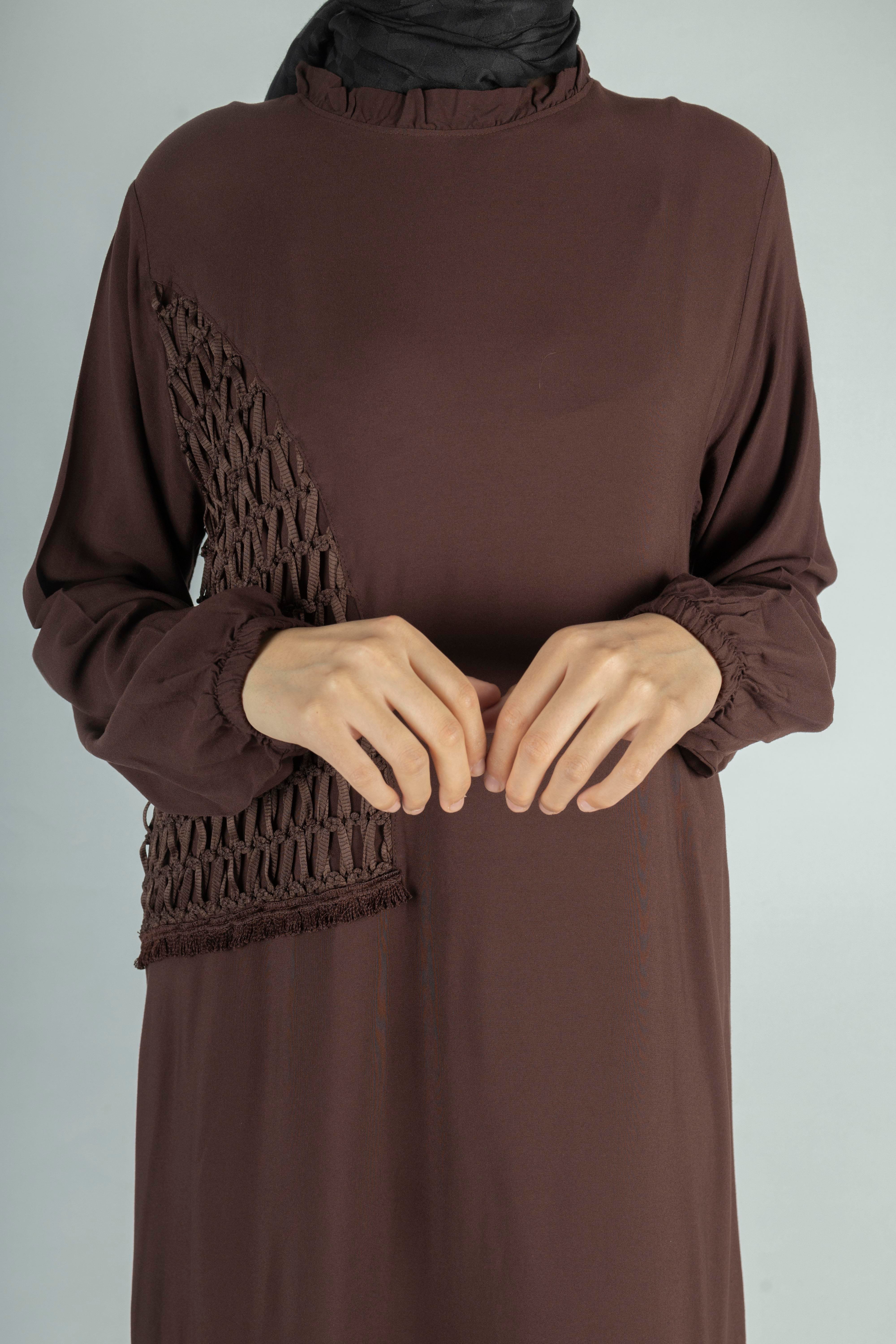 Büyük Beden Siyah File Detaylı Viskon Elbise Kahve OTW444