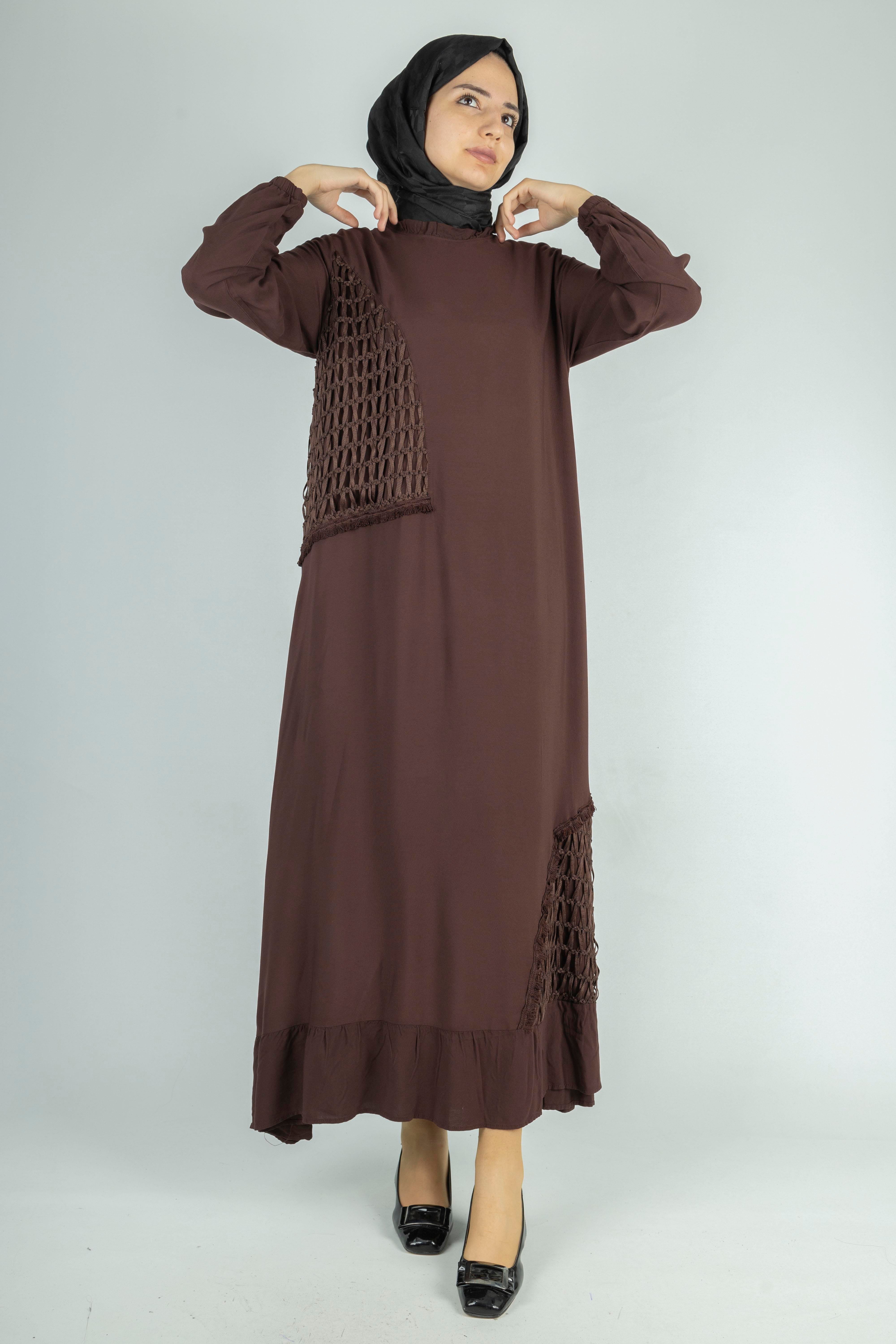 Büyük Beden Siyah File Detaylı Viskon Elbise Kahve OTW444