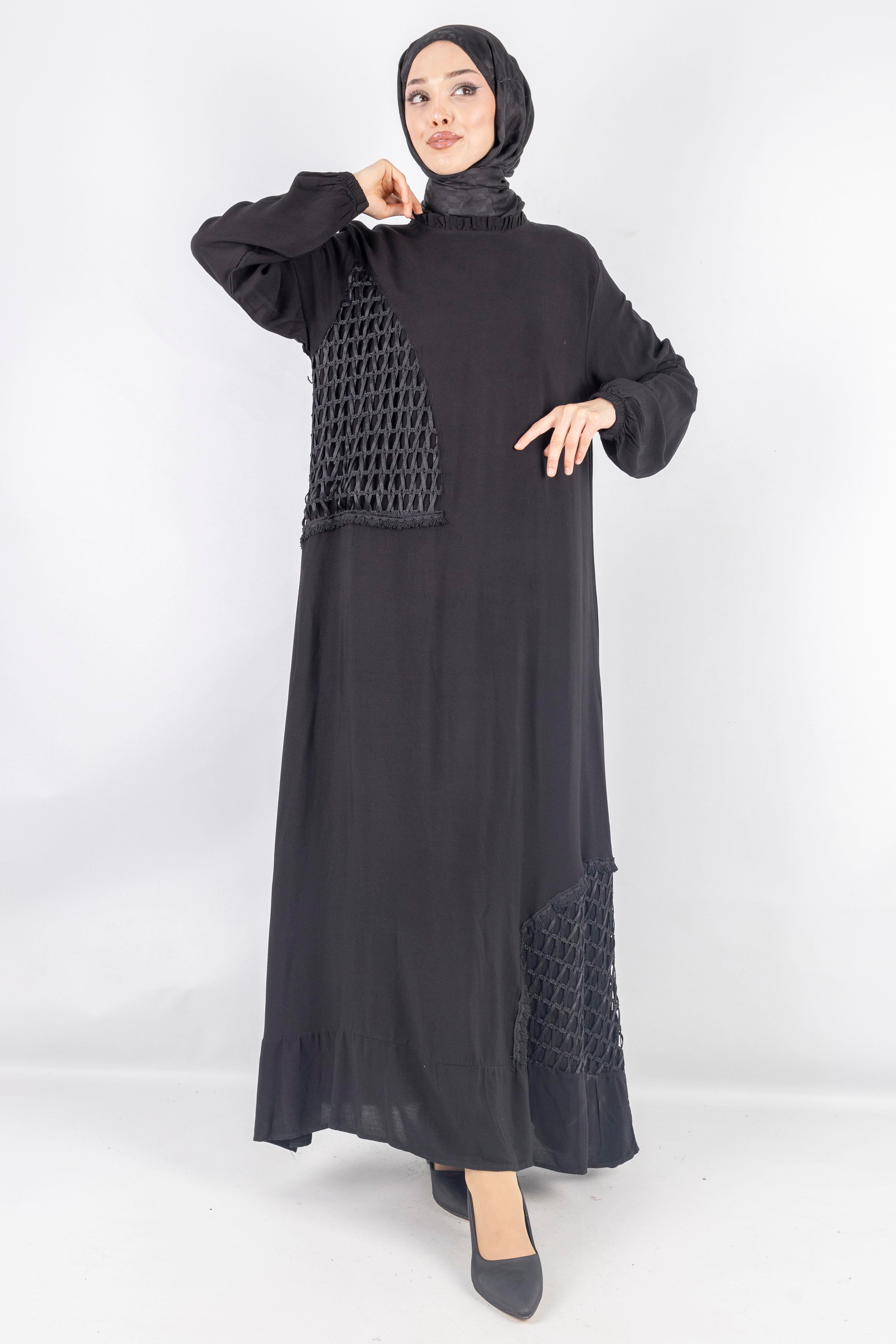 Büyük Beden Siyah File Detaylı Viskon Elbise Siyah OTW444