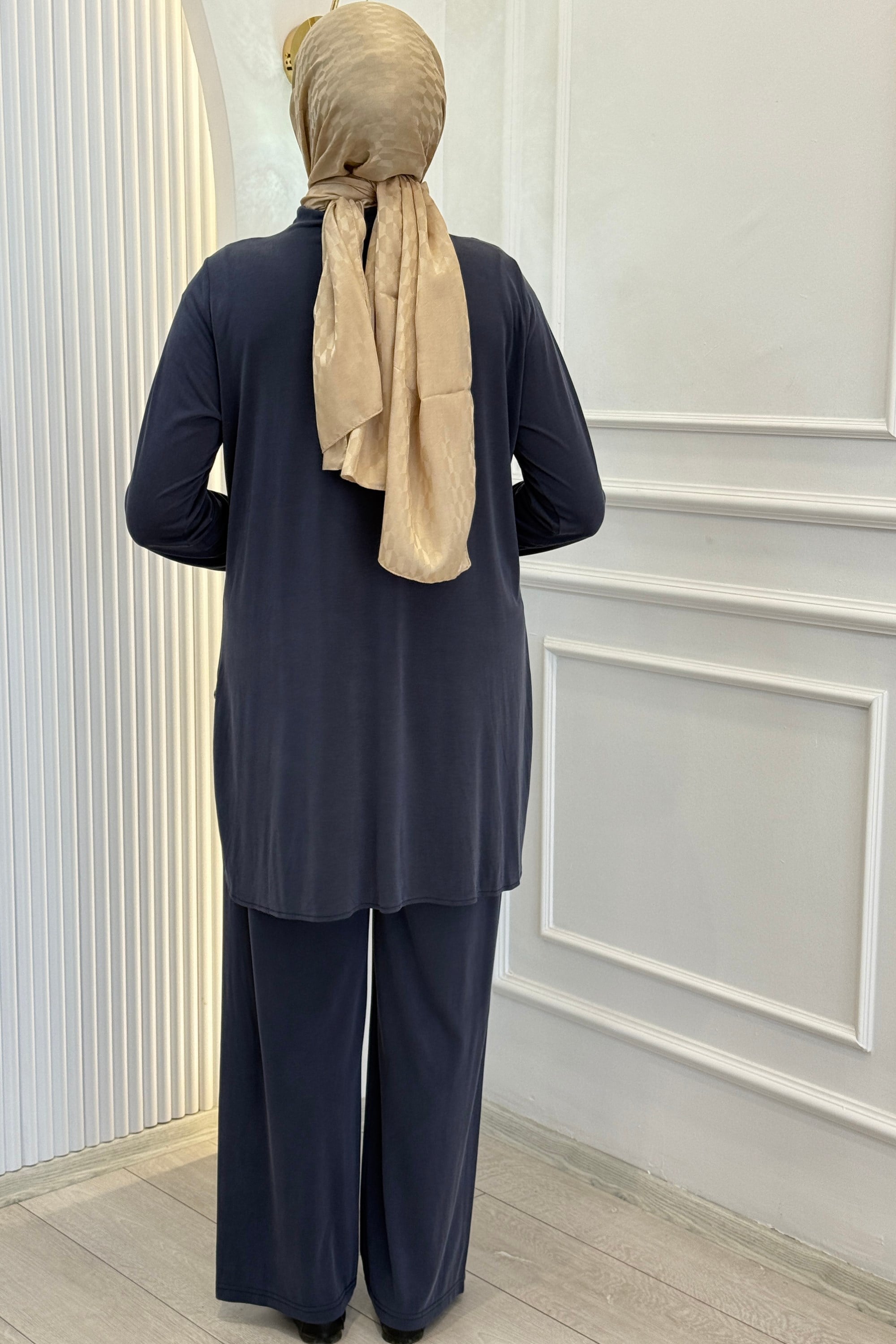 Büyük Beden Spor Düğmeli Pantolonlu Takım İndigo OTW372