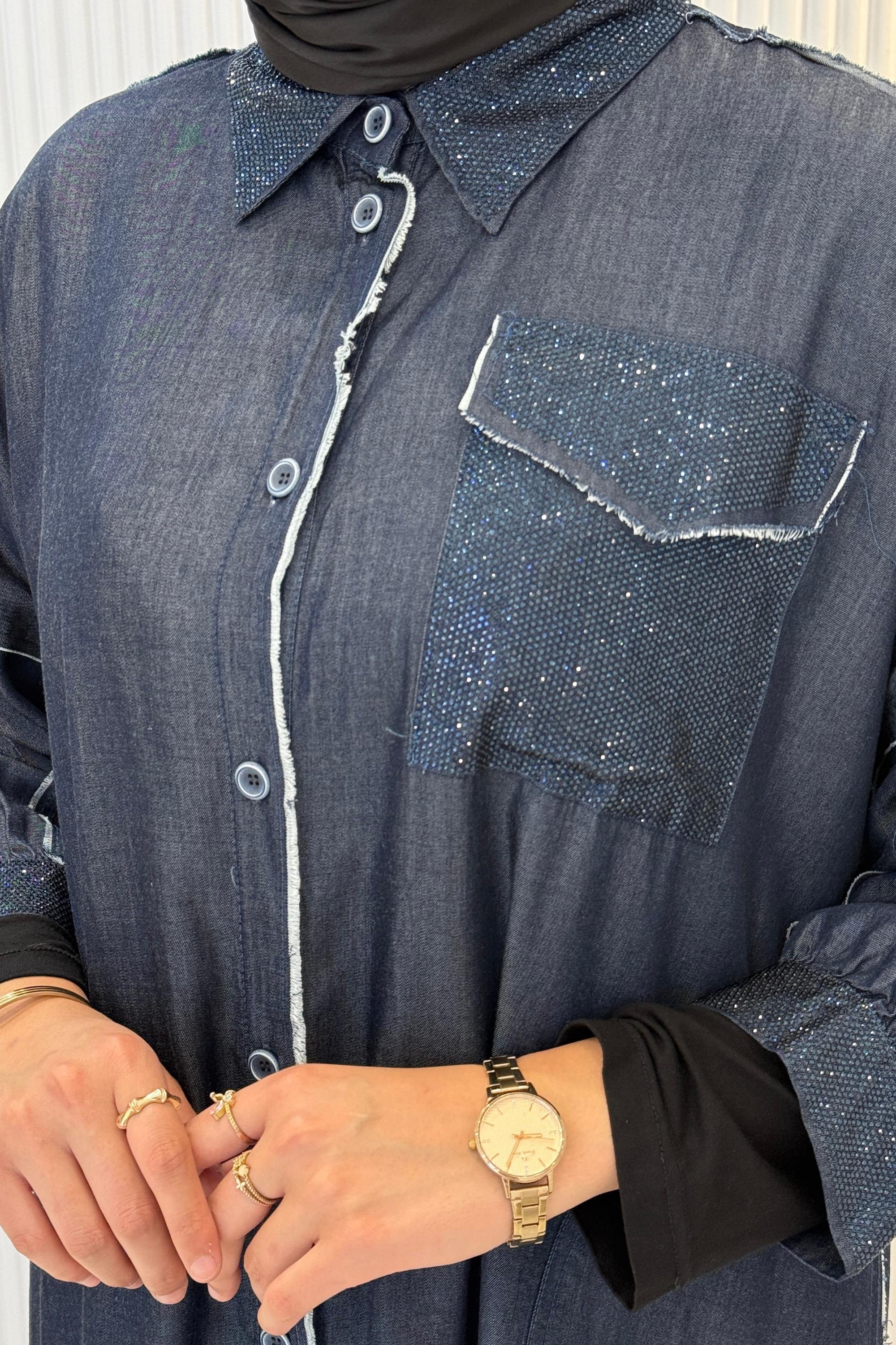 Büyük Beden Taş Detaylı Denim Gömlek Lacivert OTW1706