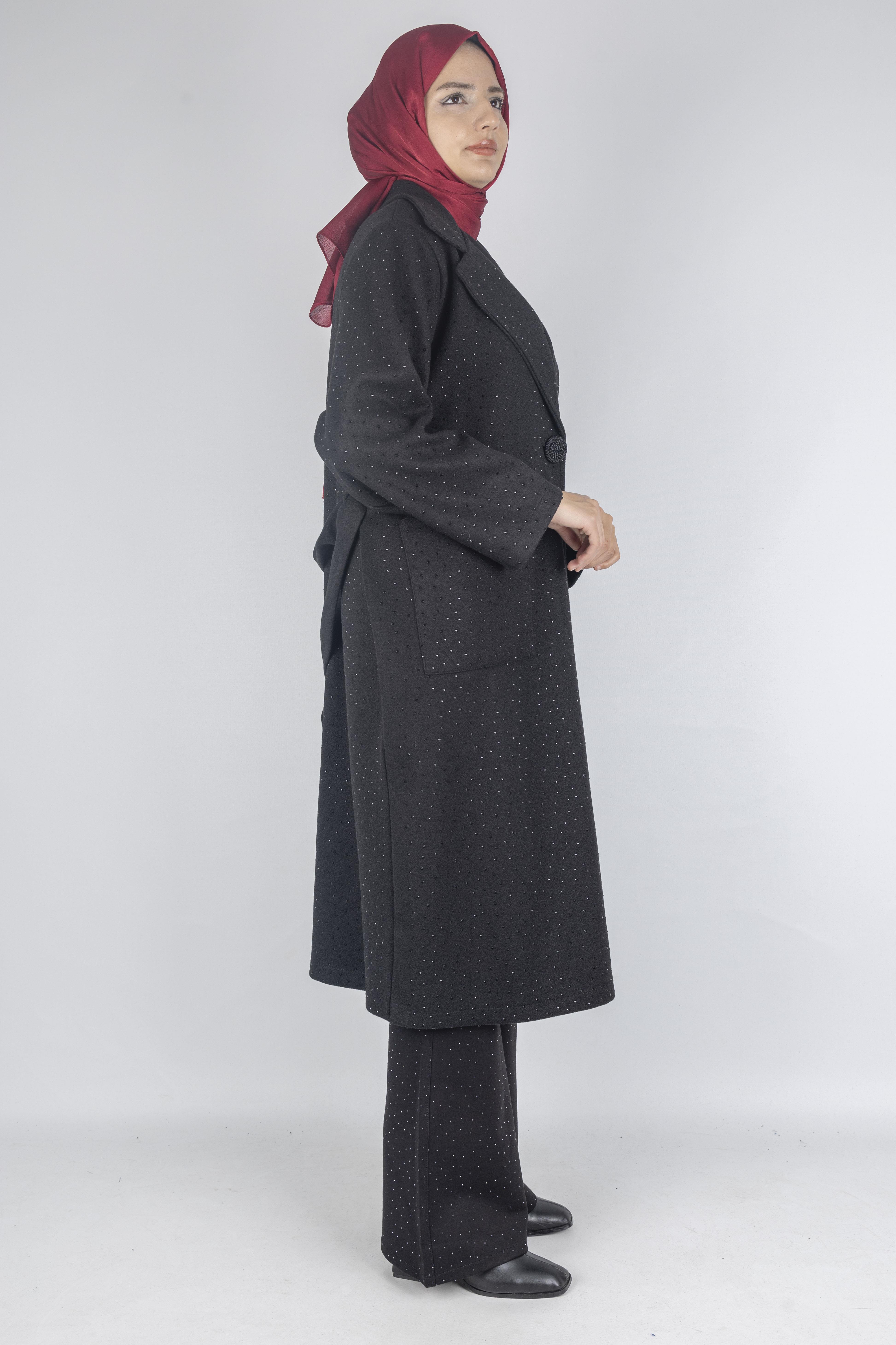 Büyük Beden Taş Detaylı Kaşe Kaban Siyah OTW9399