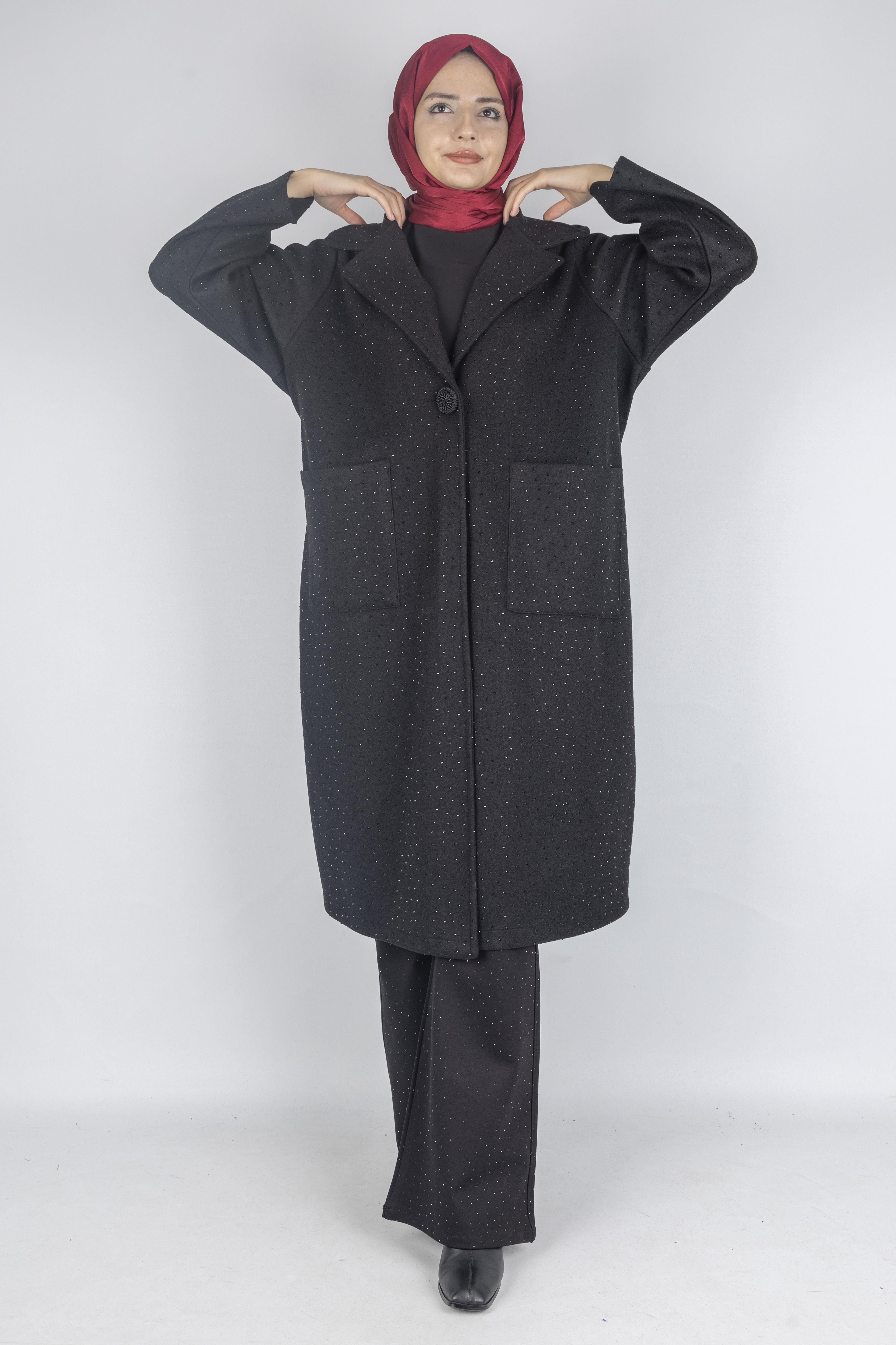 Büyük Beden Taş Detaylı Kaşe Kaban Siyah OTW9399