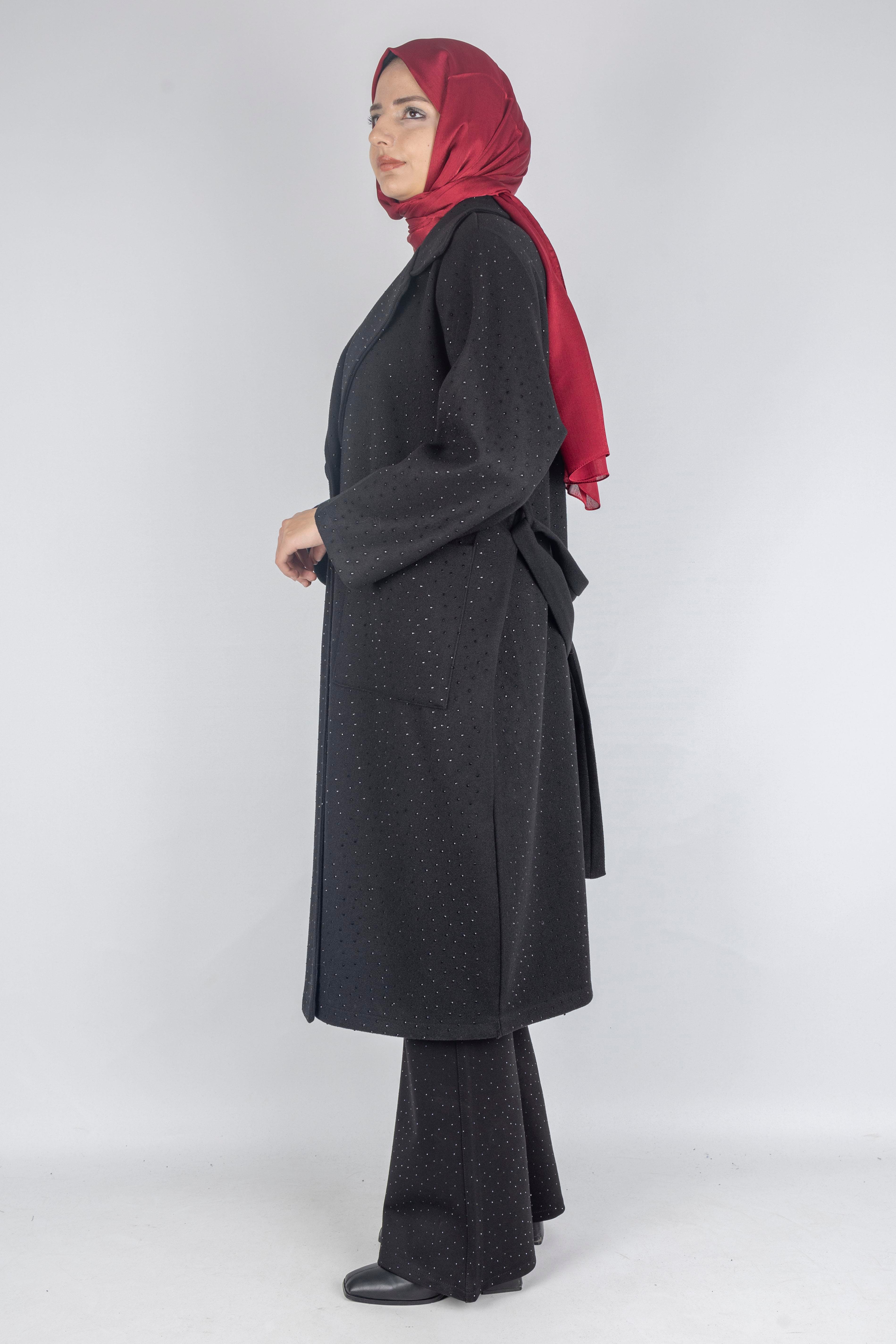 Büyük Beden Taş Detaylı Kaşe Kaban Siyah OTW9399