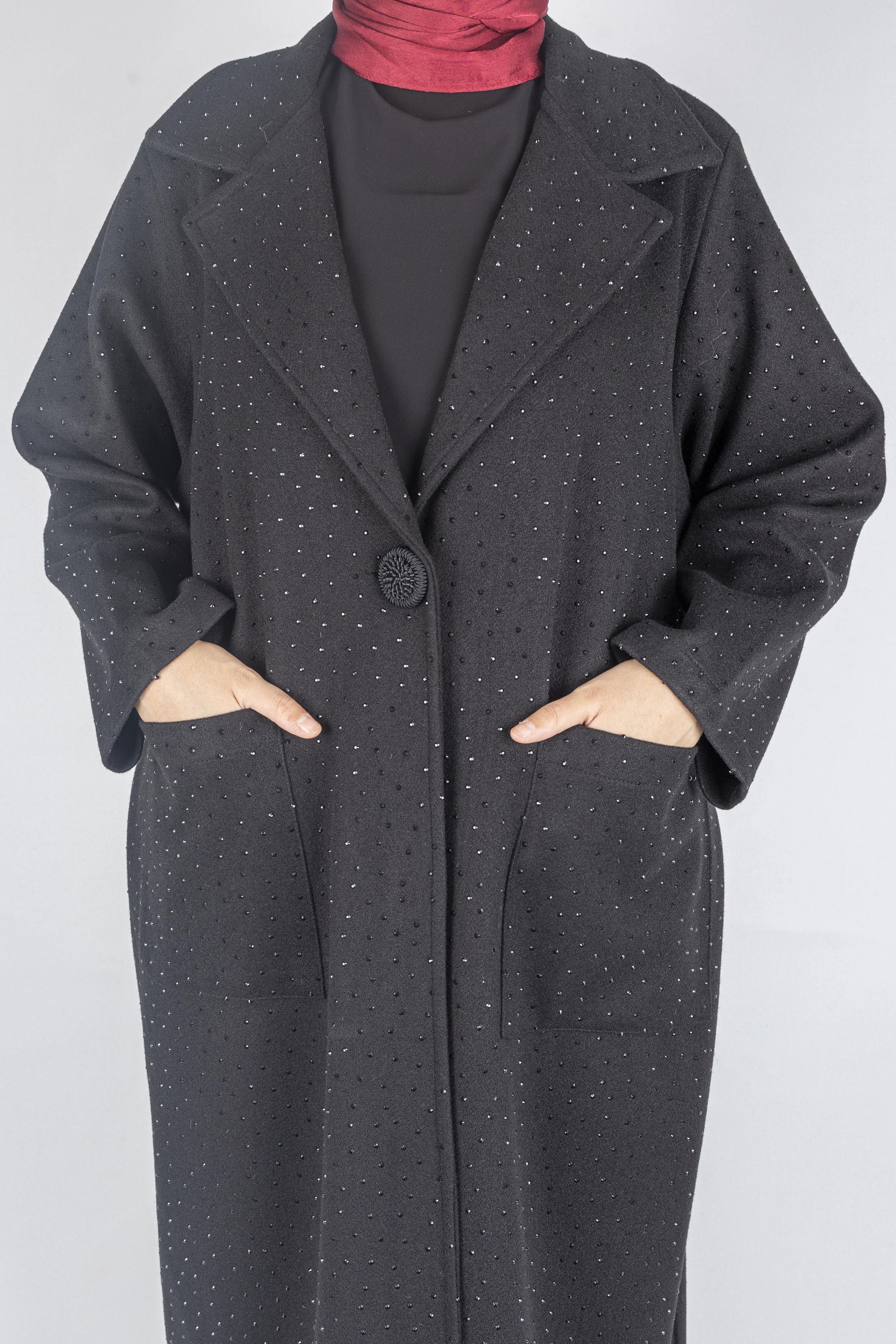 Büyük Beden Taş Detaylı Kaşe Kaban Siyah OTW9399