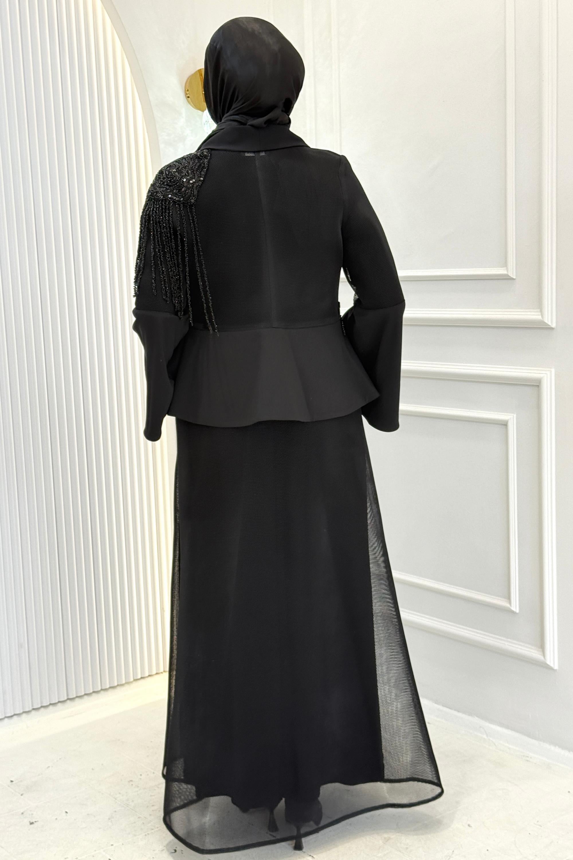 Büyük Beden Taş İşlemeli Abaya Takım Siyah OTW46915