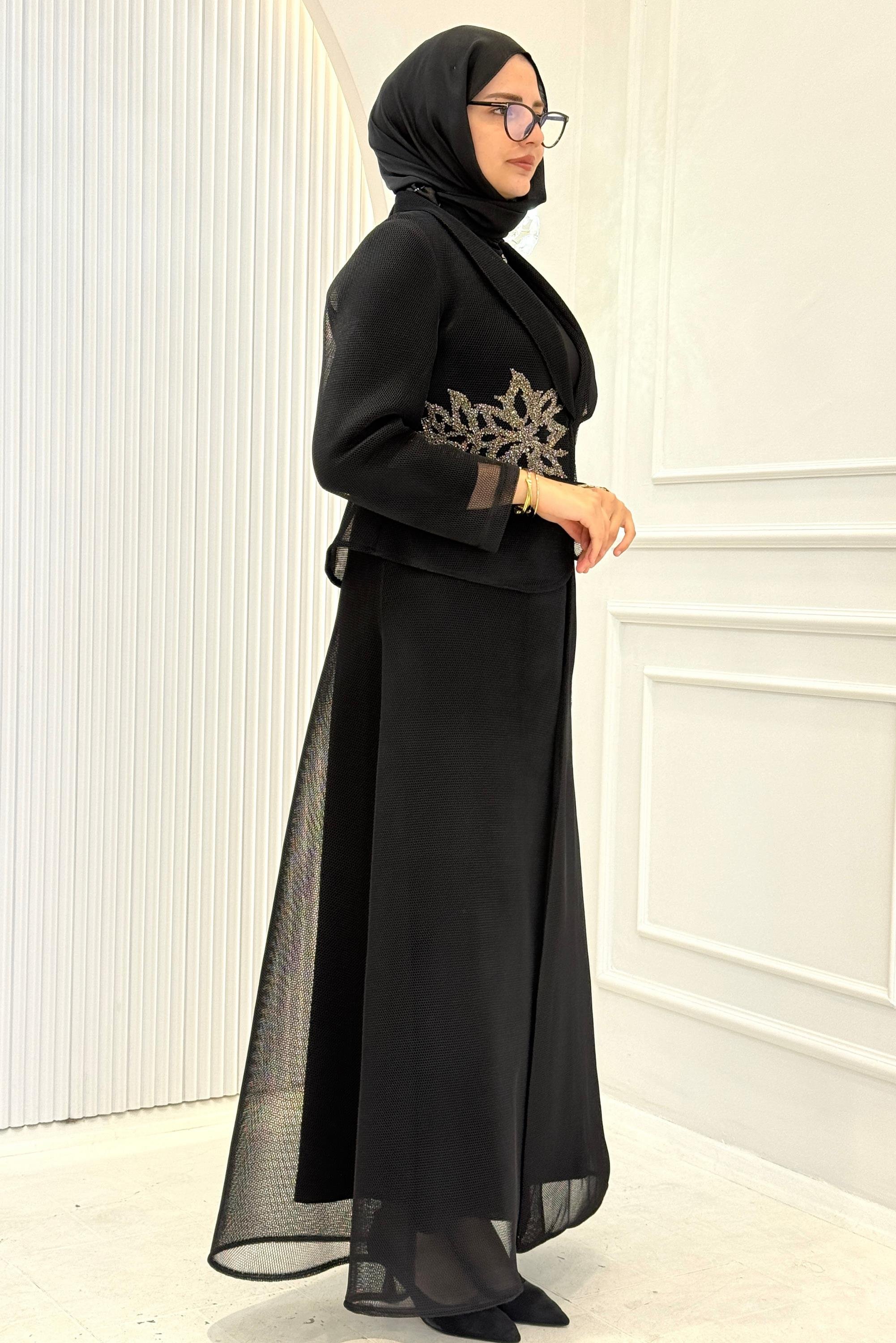 Büyük Beden Taş İşlemeli Abaya Takım Siyah OTW45859