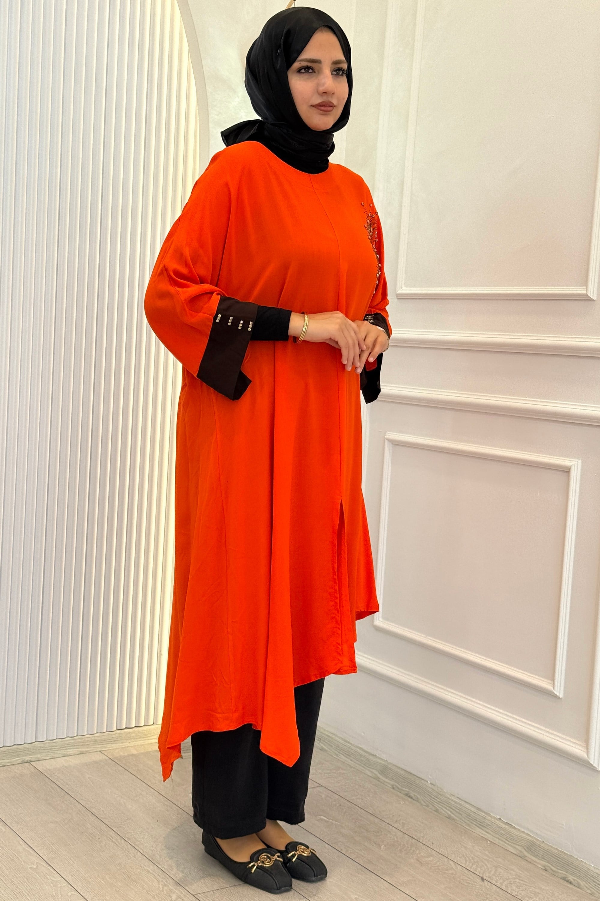 Büyük Beden Taş İşlemeli Asimetrik Tunik Orange OTW4177