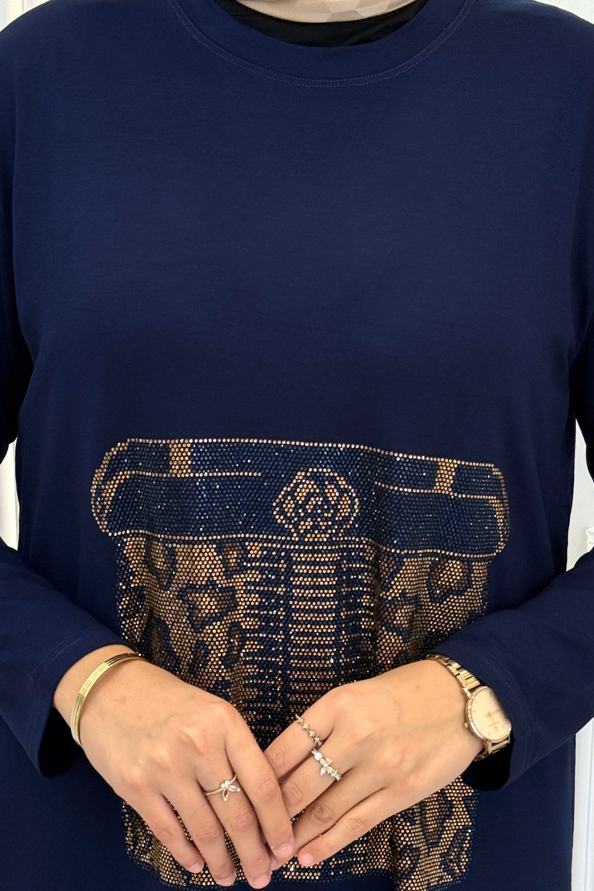 Büyük Beden Taş İşlemeli Desenli Tunik Pantolonlu Takım Lacivert OTW3007