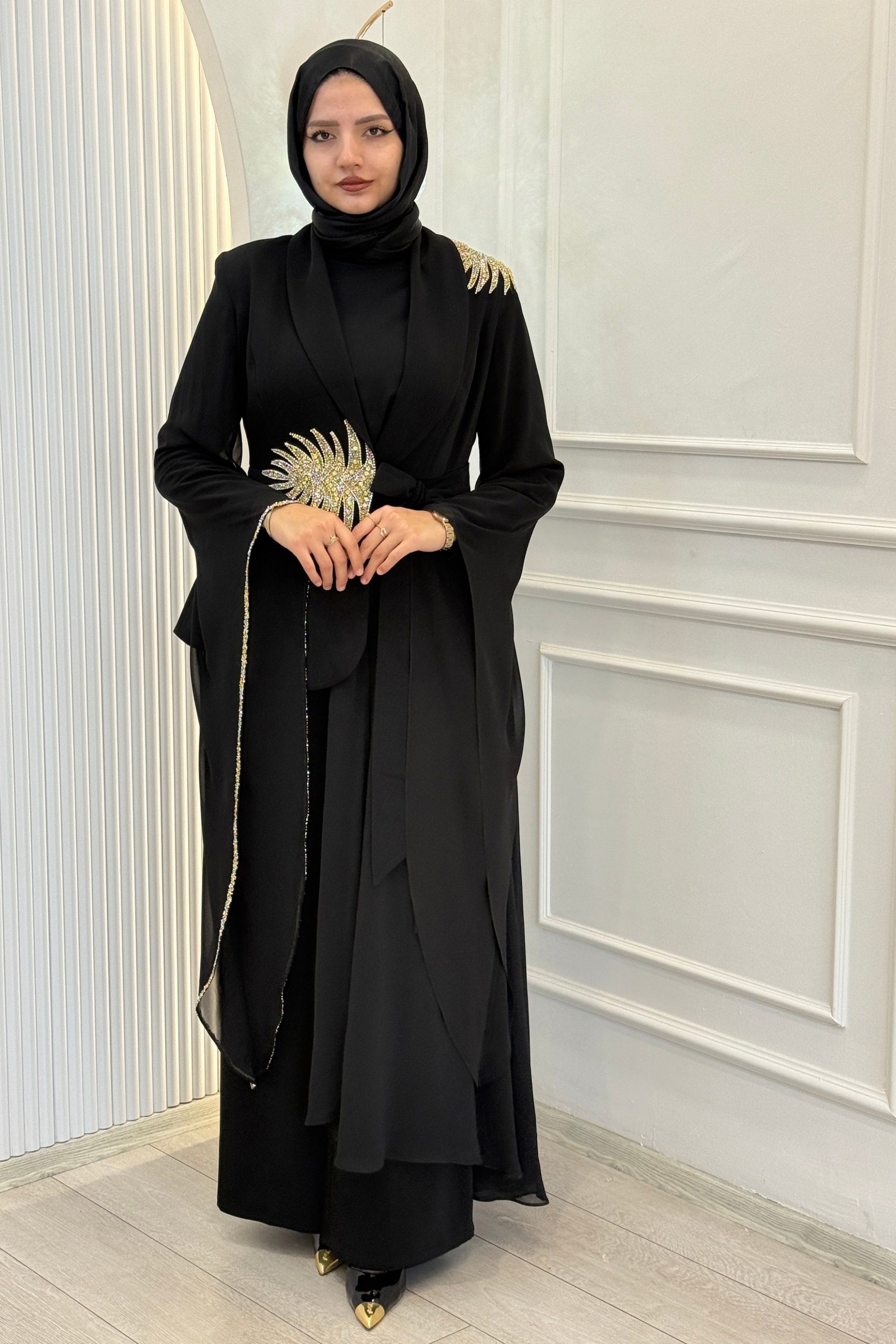 Büyük Beden Taş İşlemeli Şifon Detaylı Pantolonlu Abiye Takım Siyah OTW47815