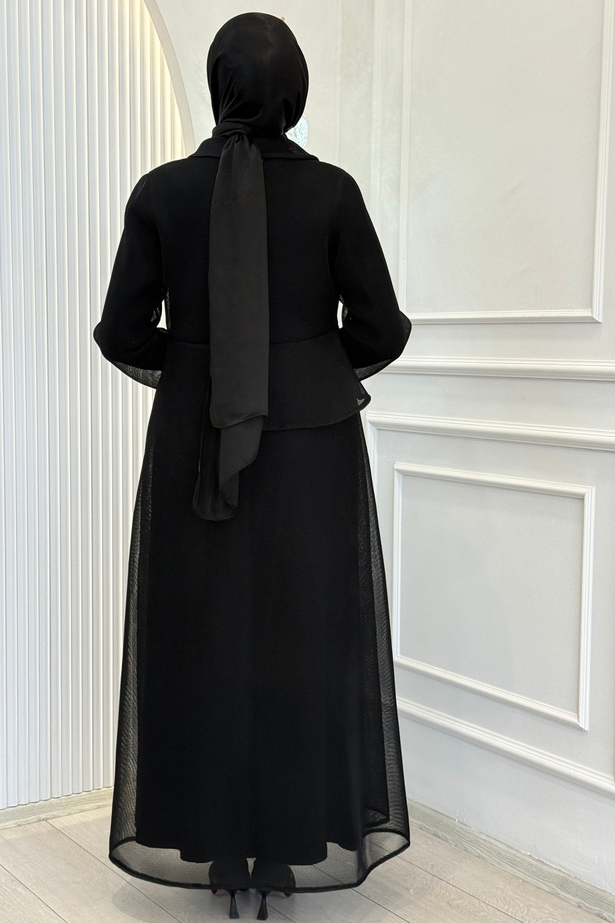 Büyük Beden Taş İşlemeli Tesettür Abaya Takım Siyah OTW46932