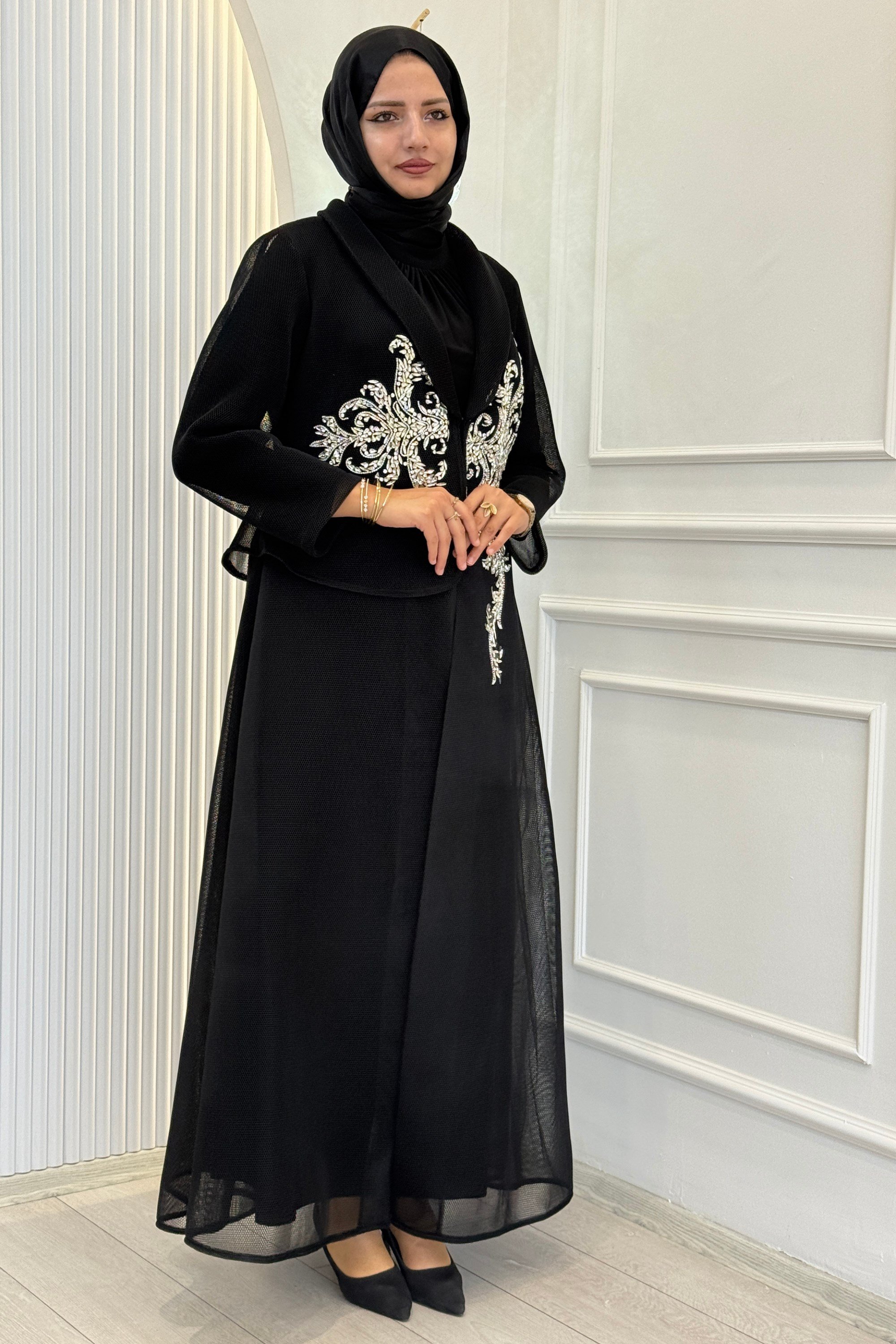 Büyük Beden Taş İşlemeli Tesettür Abaya Takım Siyah OTW46932