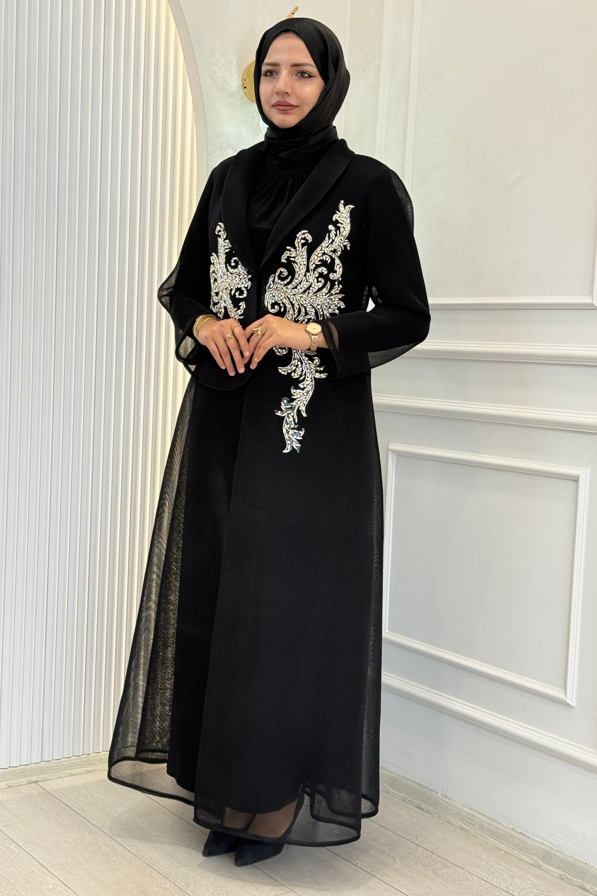 Büyük Beden Taş İşlemeli Tesettür Abaya Takım Siyah OTW46932