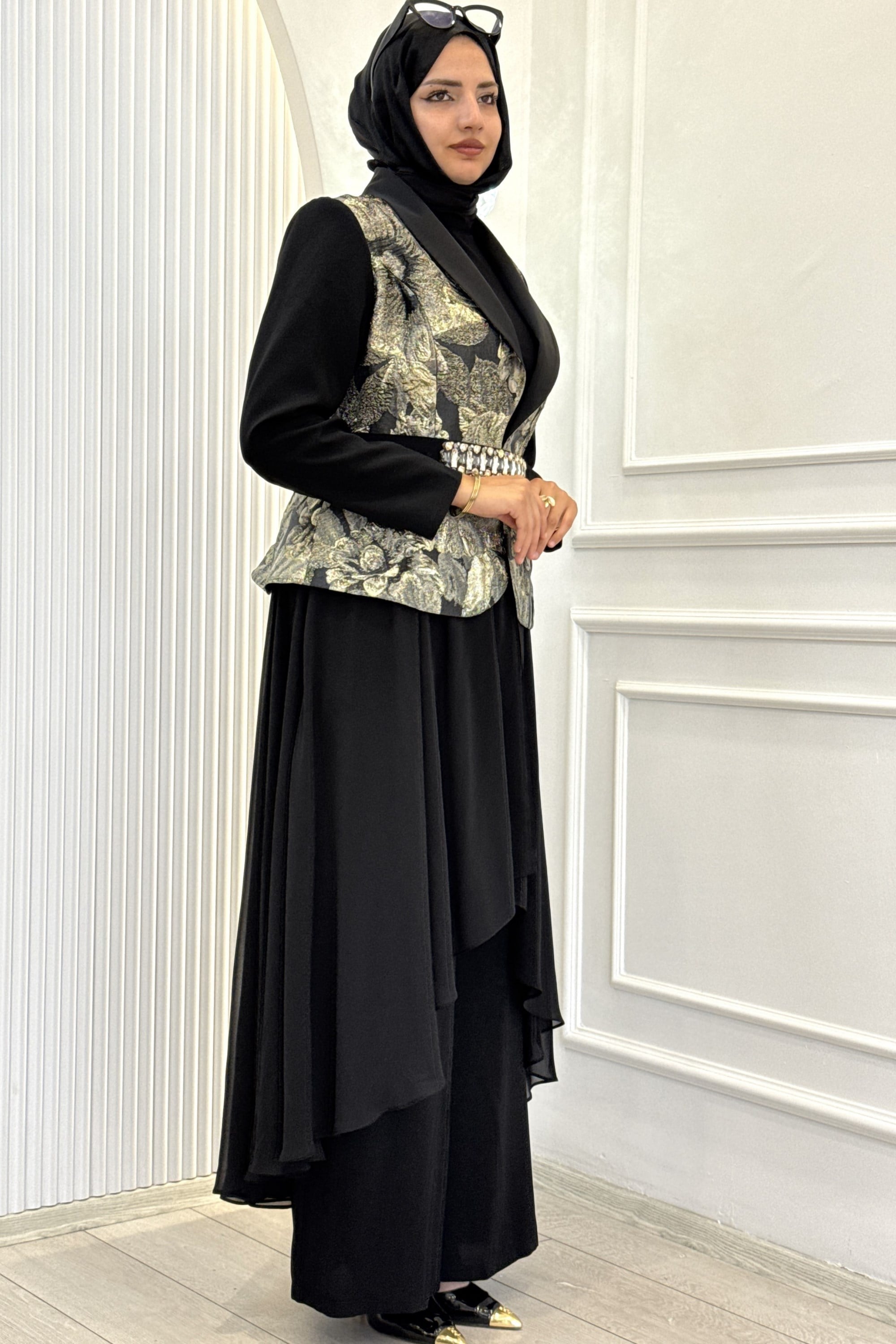 Büyük Beden Taş Kemer Detaylı Pantolonlu Abaya Takım Siyah OTW46911