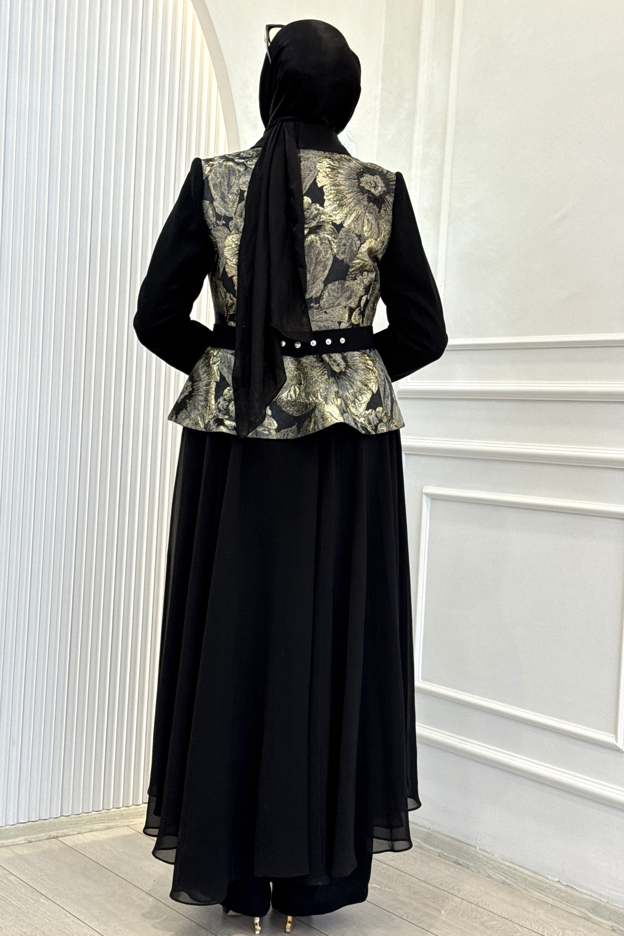 Büyük Beden Taş Kemer Detaylı Pantolonlu Abaya Takım Siyah OTW46911