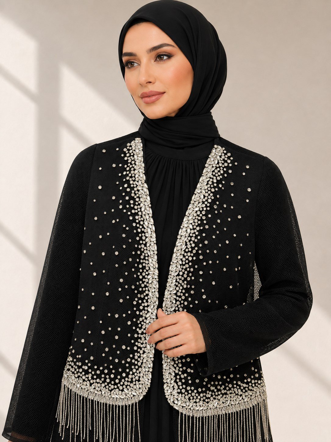 Büyük Beden Taş Püskül İşlemeli Abaya Takım Siyah OTW46934