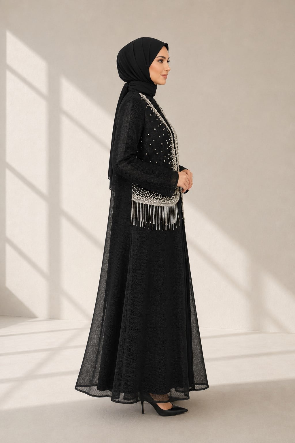 Büyük Beden Taş Püskül İşlemeli Abaya Takım Siyah OTW46934