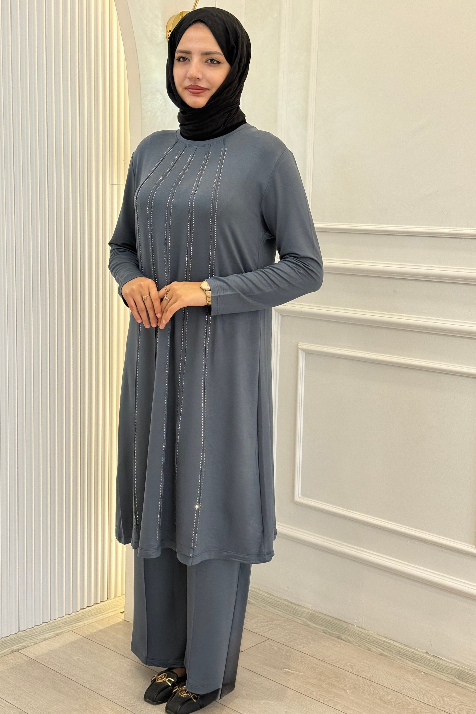 Büyük Beden Taş Şerit Detaylı Tunik Pantolonlu Takım kÜF OTW3008