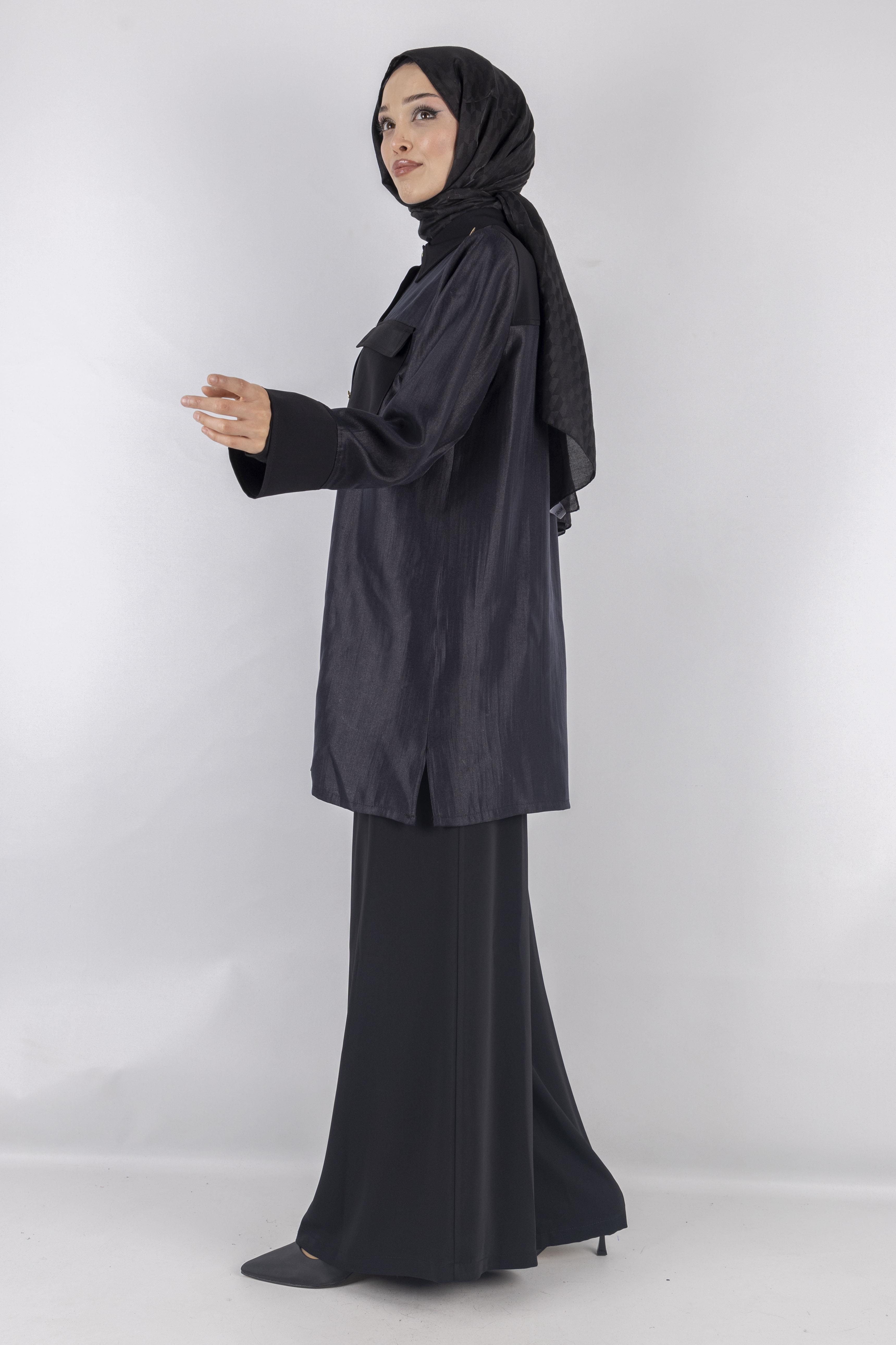 Büyük Beden Tasarım Pantolonlu Takım Siyah OTW1017