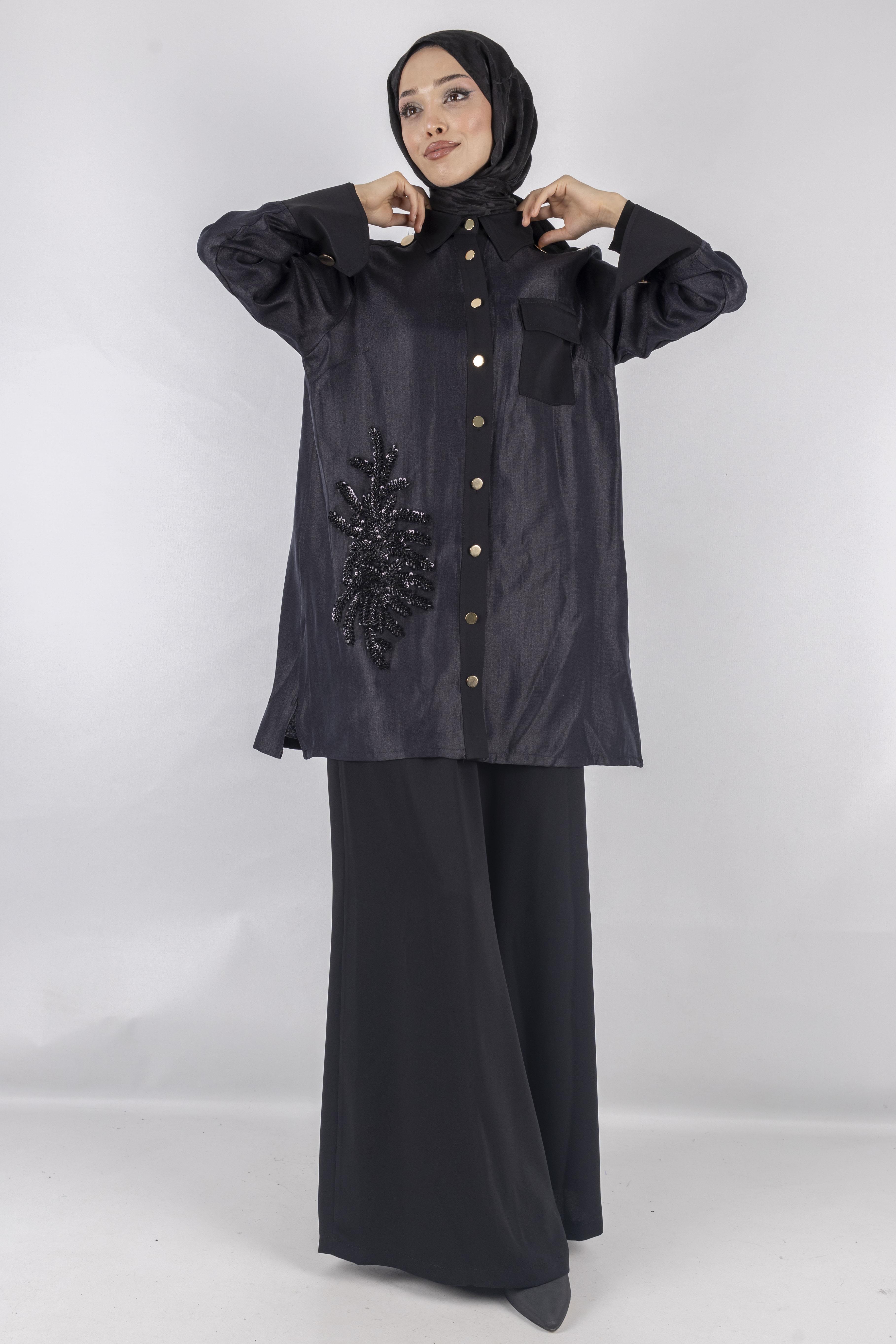 Büyük Beden Tasarım Pantolonlu Takım Siyah OTW1017