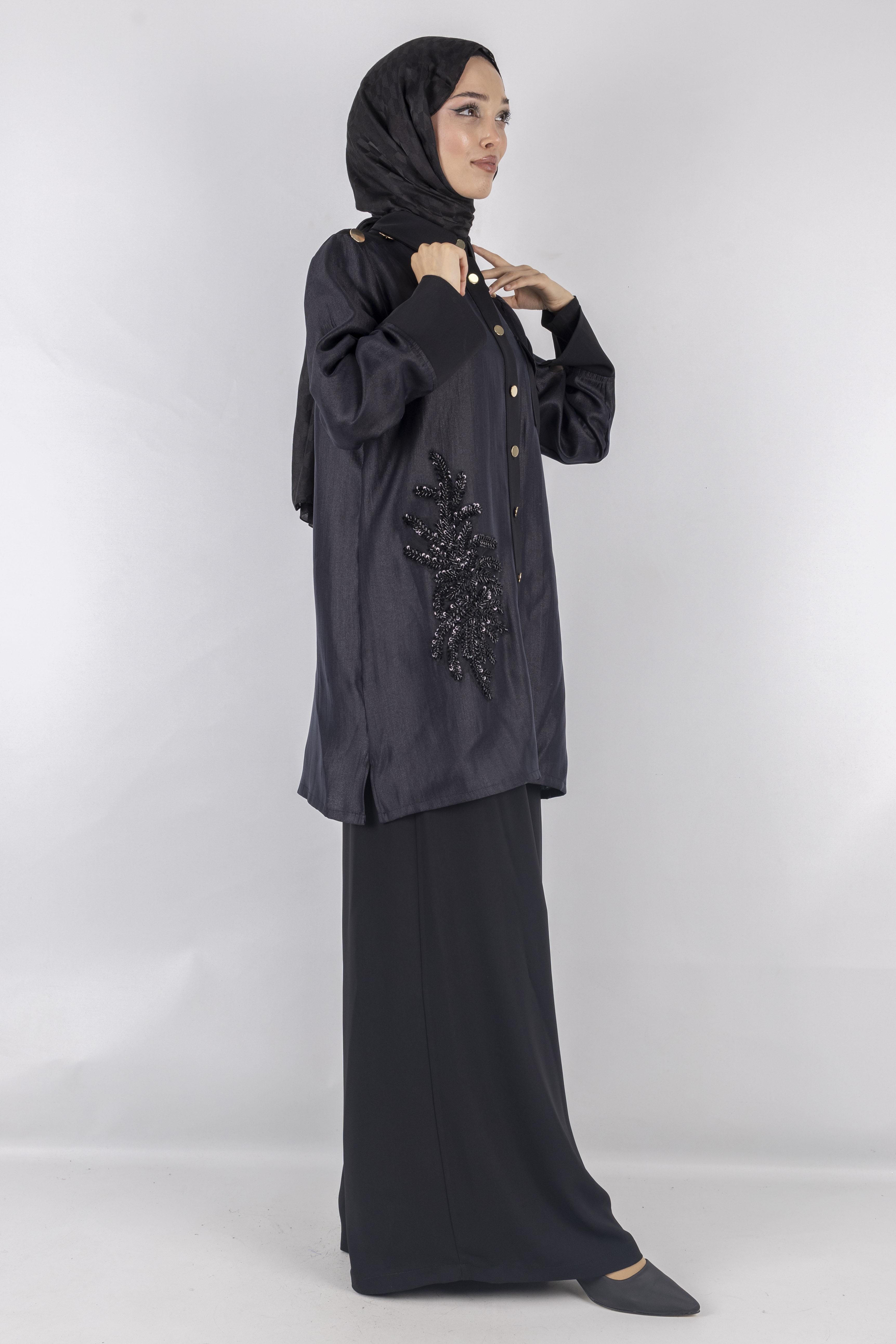 Büyük Beden Tasarım Pantolonlu Takım Siyah OTW1017