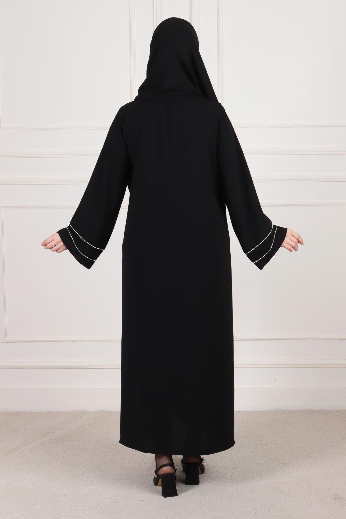 Büyük Beden Taşlı Kruvaze Abaya Siyah OTW65007