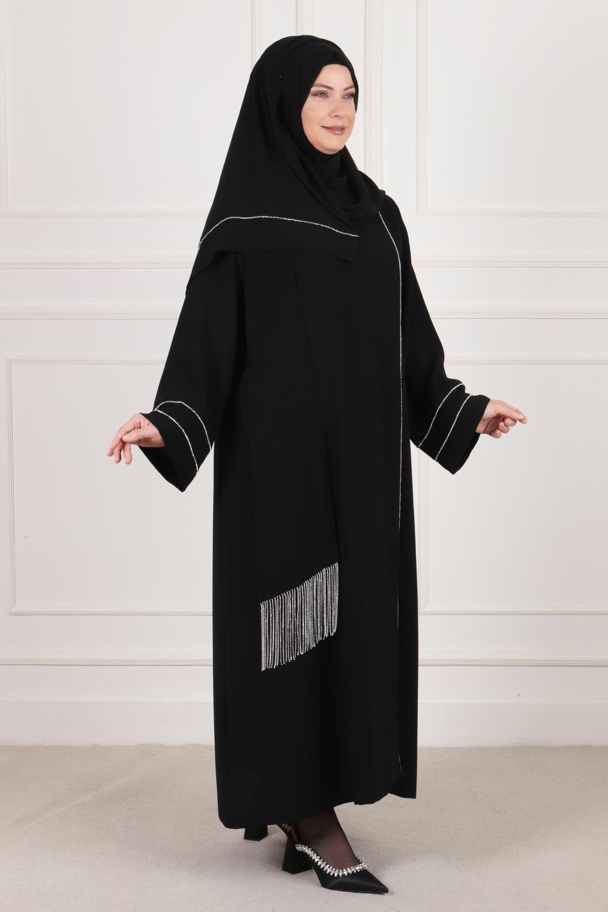 Büyük Beden Taşlı Kruvaze Abaya Siyah OTW65007