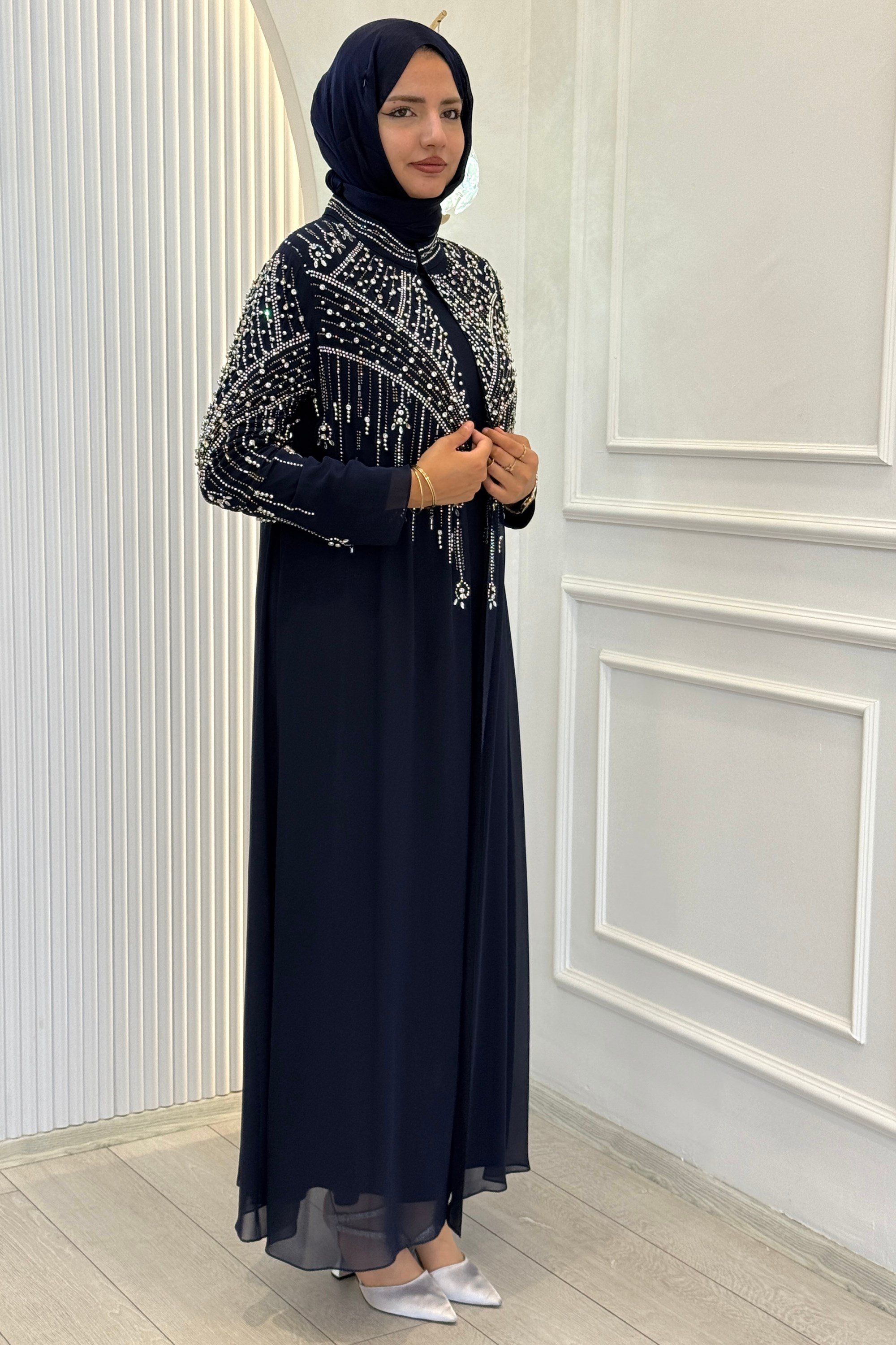 Büyük Beden Taşlı Şifon Tesettür Abaya Takım Lacivert OTW702