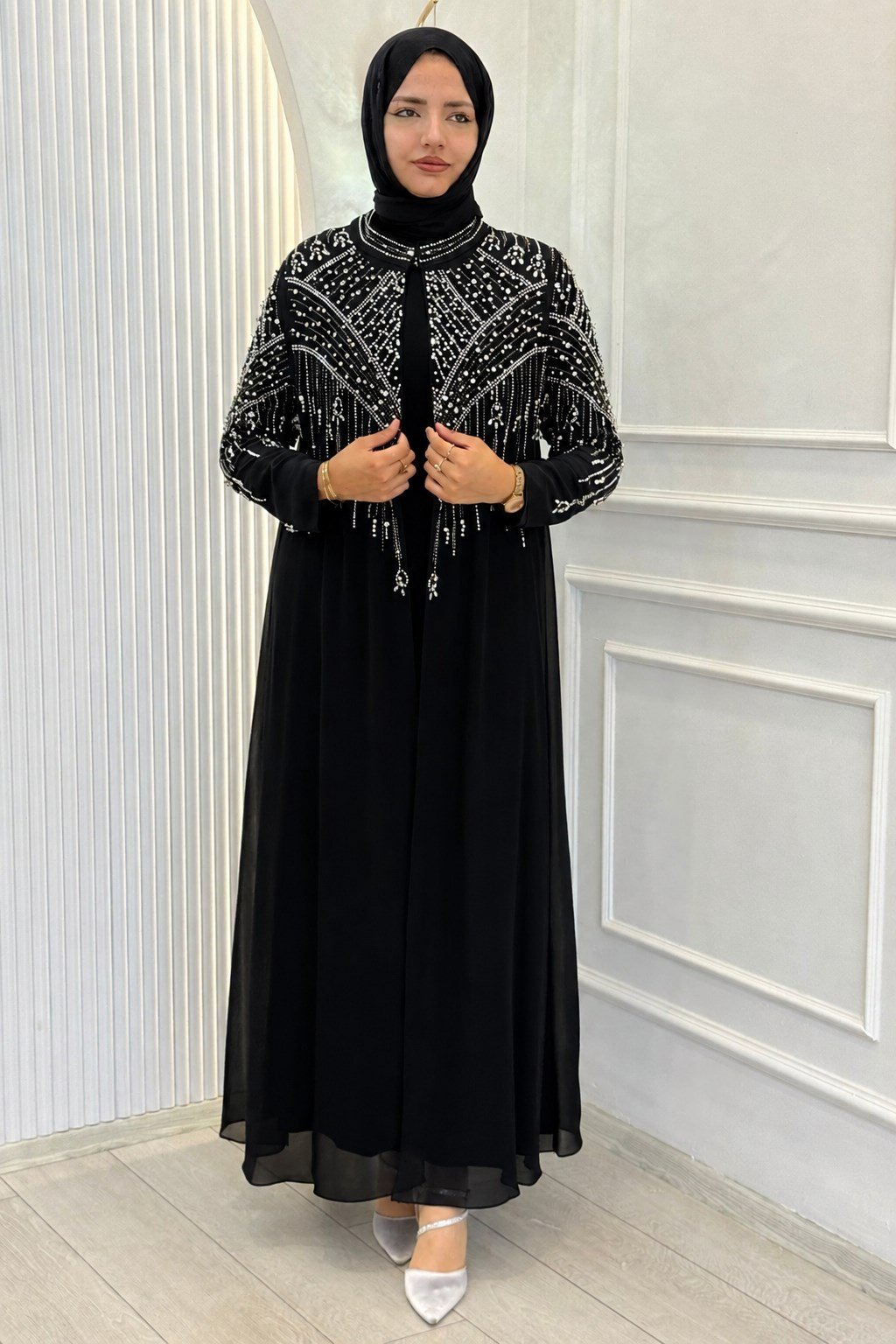 Büyük Beden Taşlı Şifon Tesettür Abaya Takım Siyah OTW702