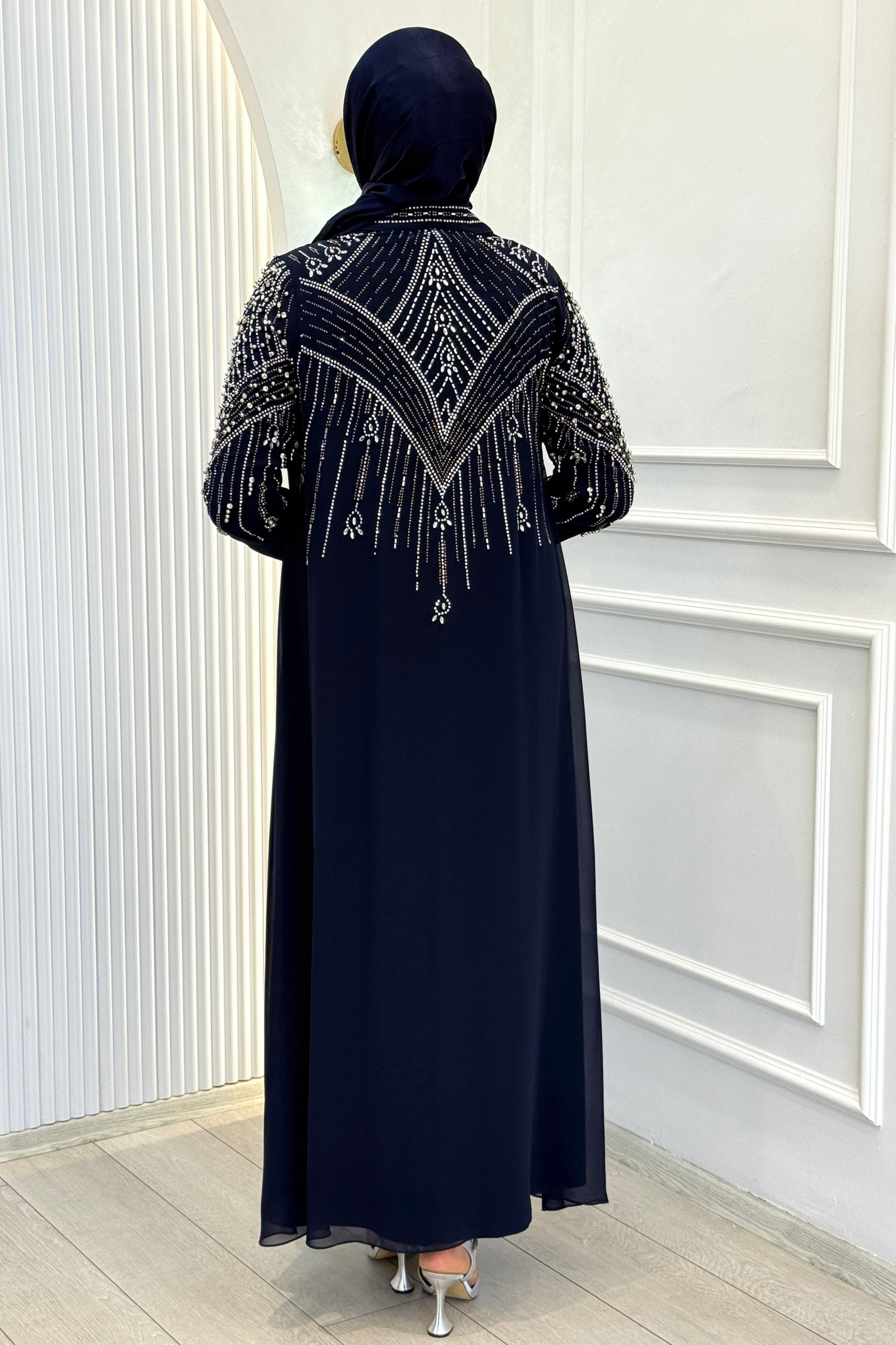 Büyük Beden Taşlı Şifon Tesettür Abaya Takım Lacivert OTW702