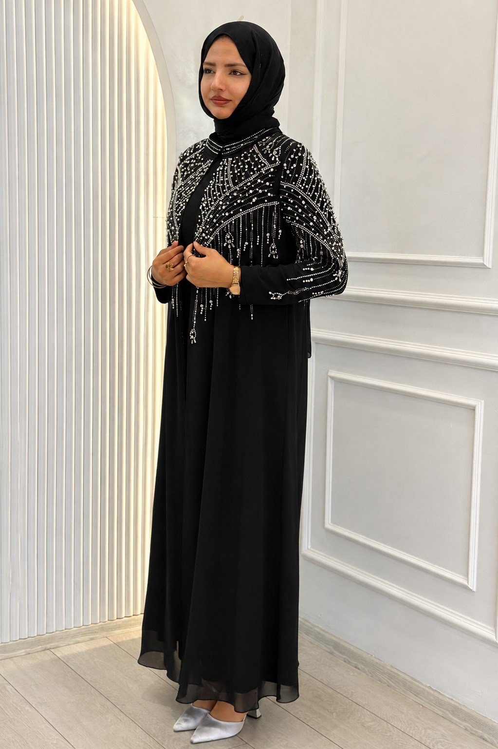 Büyük Beden Taşlı Şifon Tesettür Abaya Takım Siyah OTW702