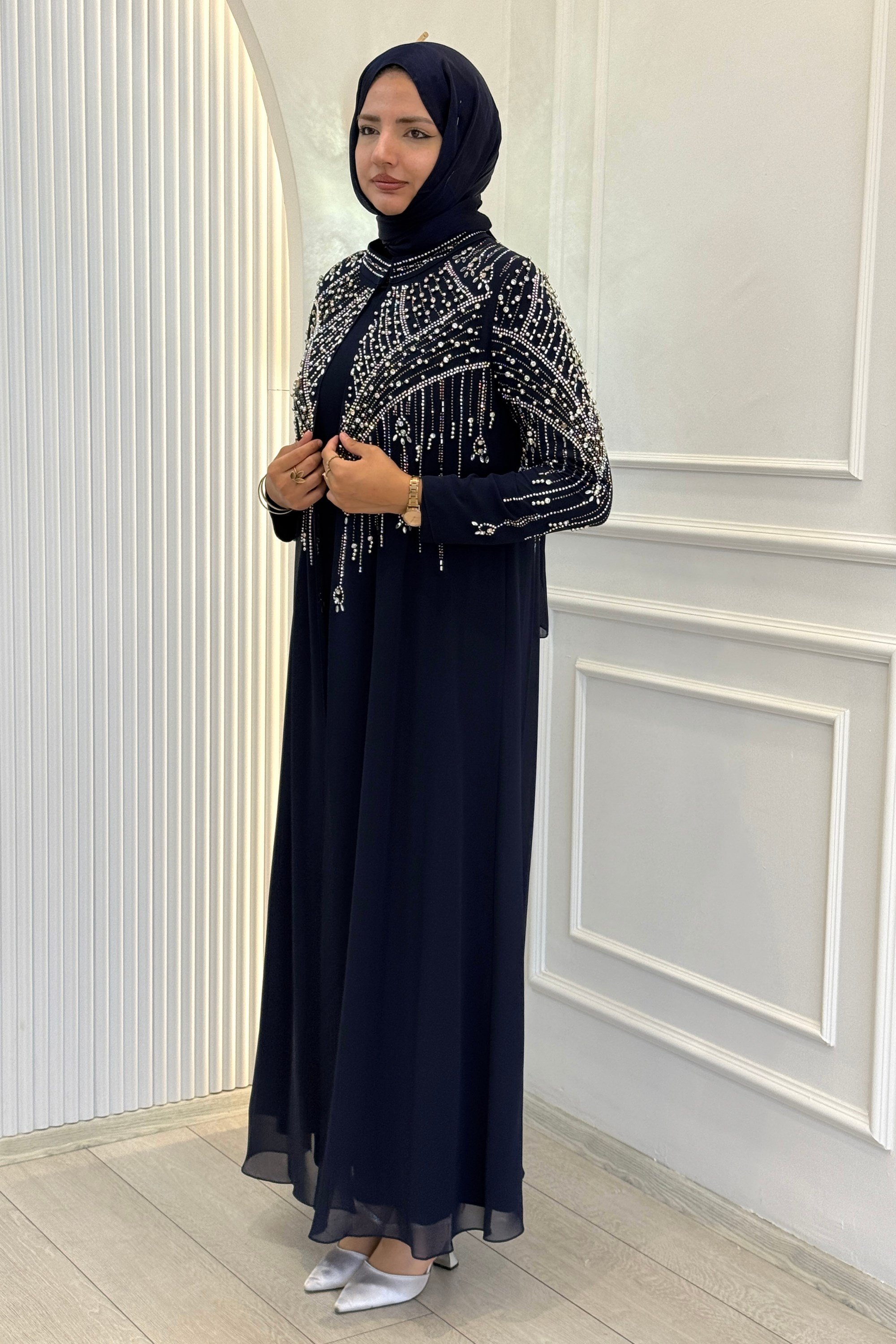 Büyük Beden Taşlı Şifon Tesettür Abaya Takım Lacivert OTW702