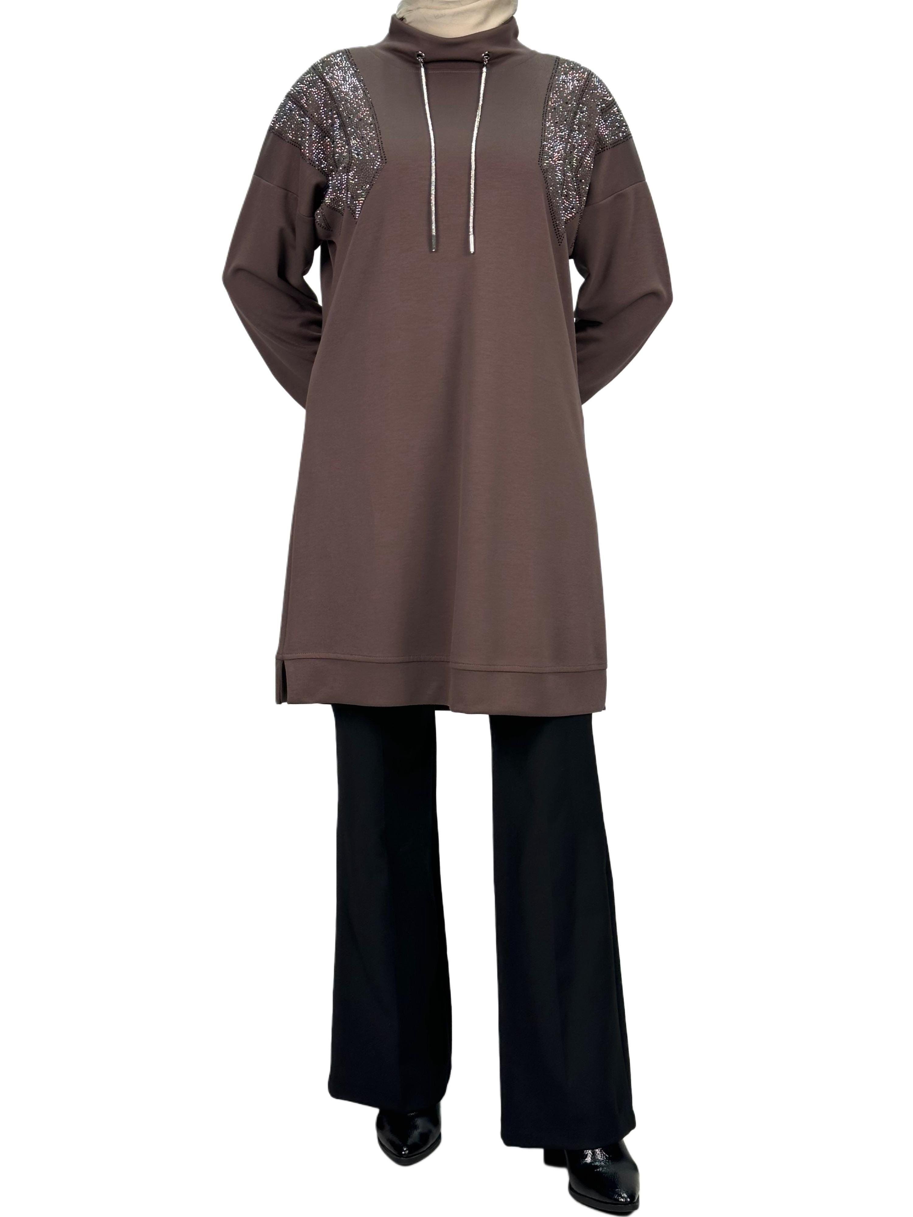 Büyük Beden Taşlı Tunik Kahve OTW2116