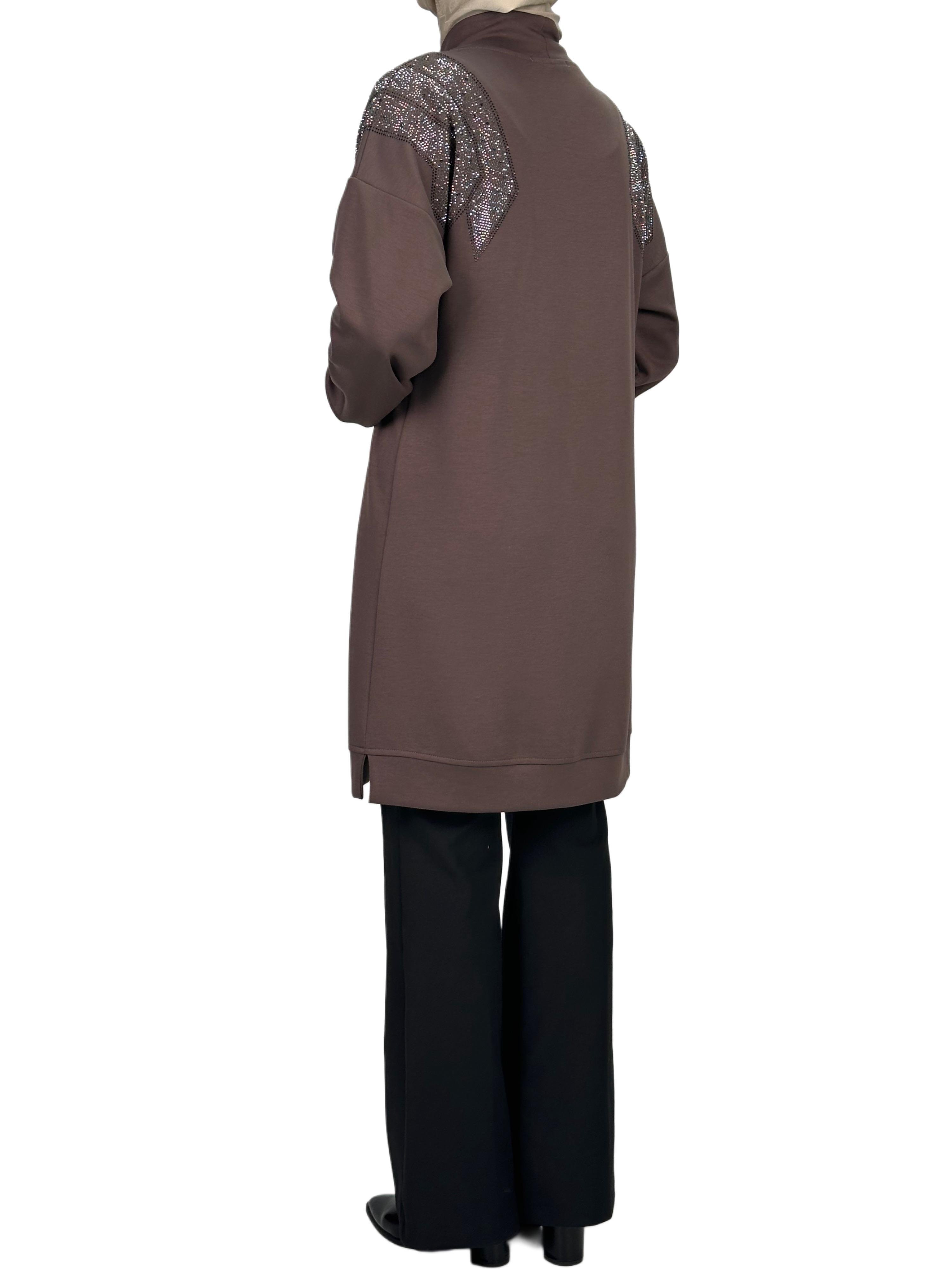 Büyük Beden Taşlı Tunik Kahve OTW2116