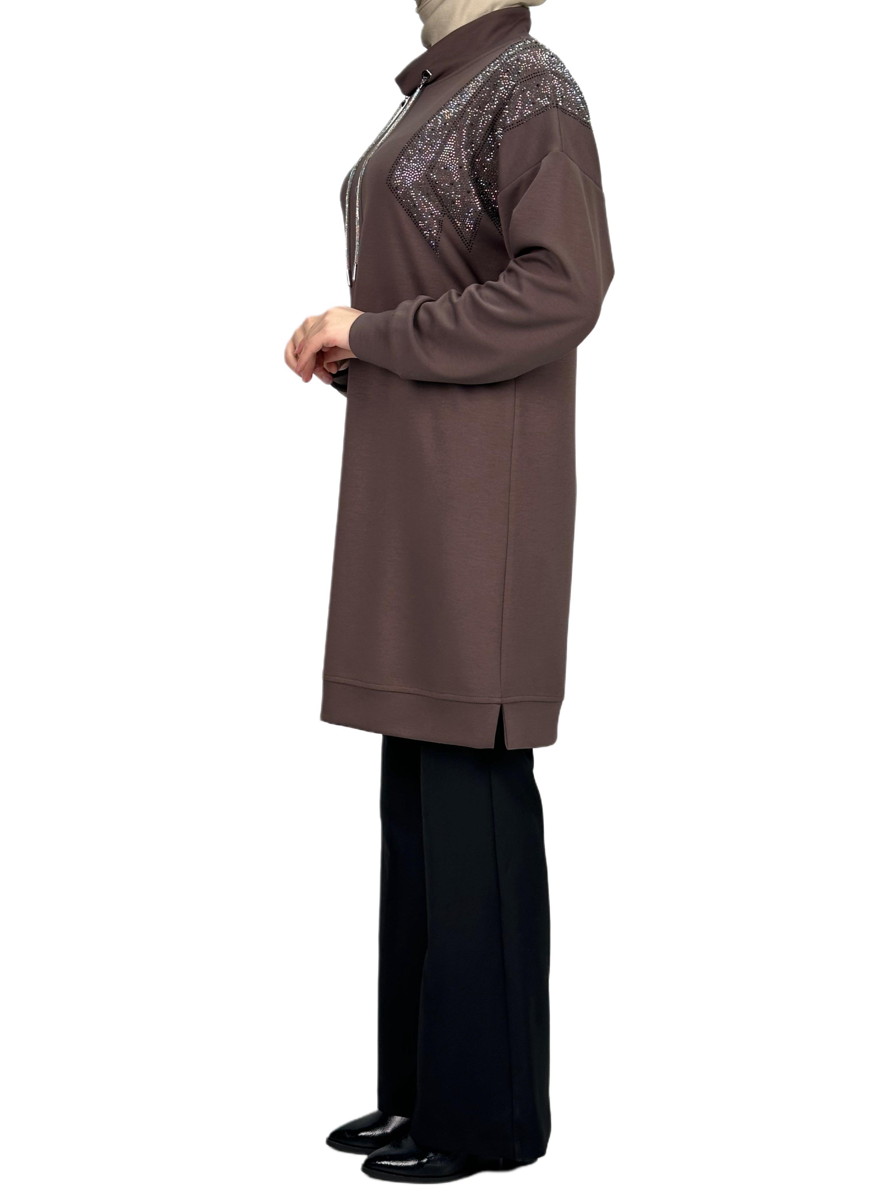 Büyük Beden Taşlı Tunik Kahve OTW2116