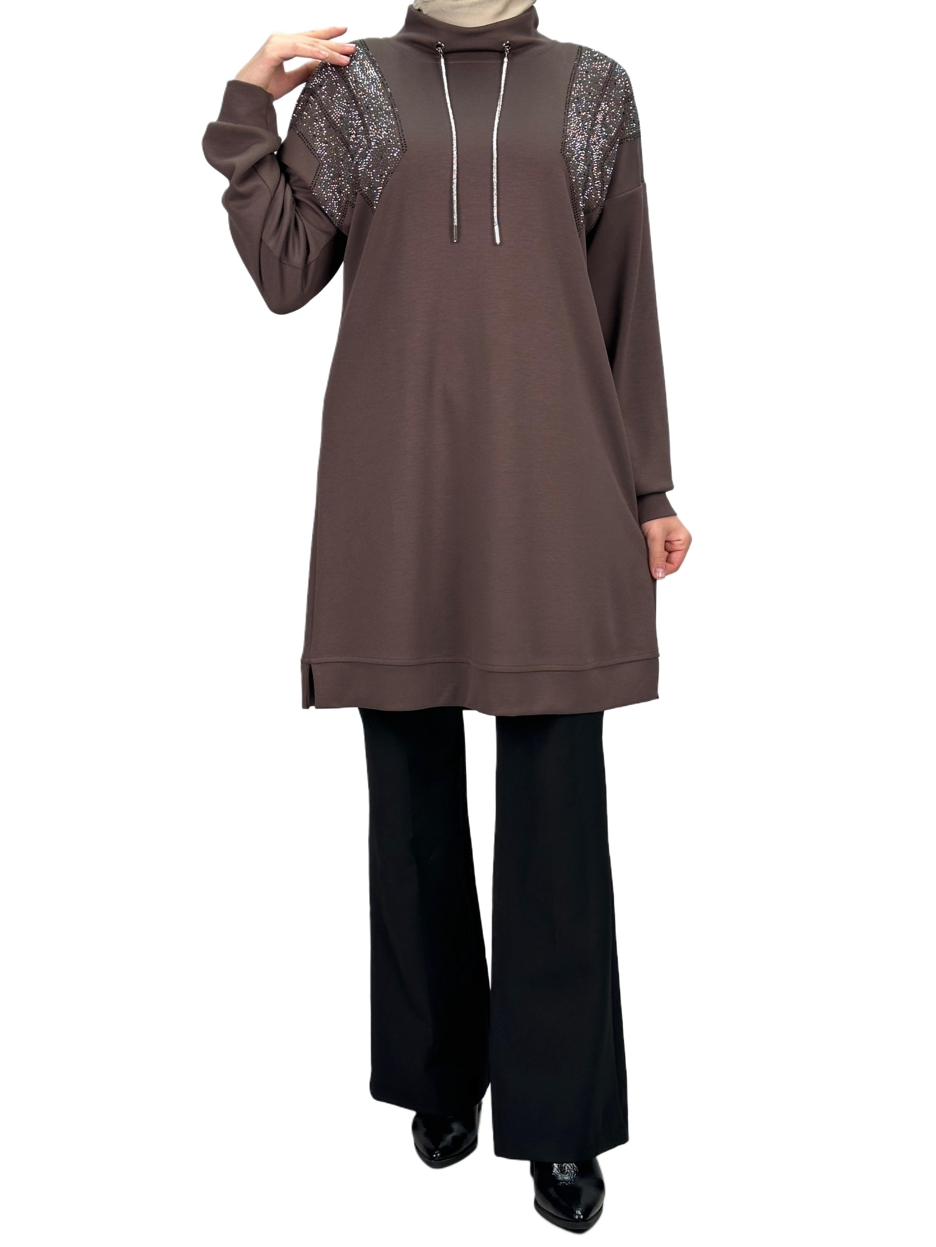 Büyük Beden Taşlı Tunik Kahve OTW2116