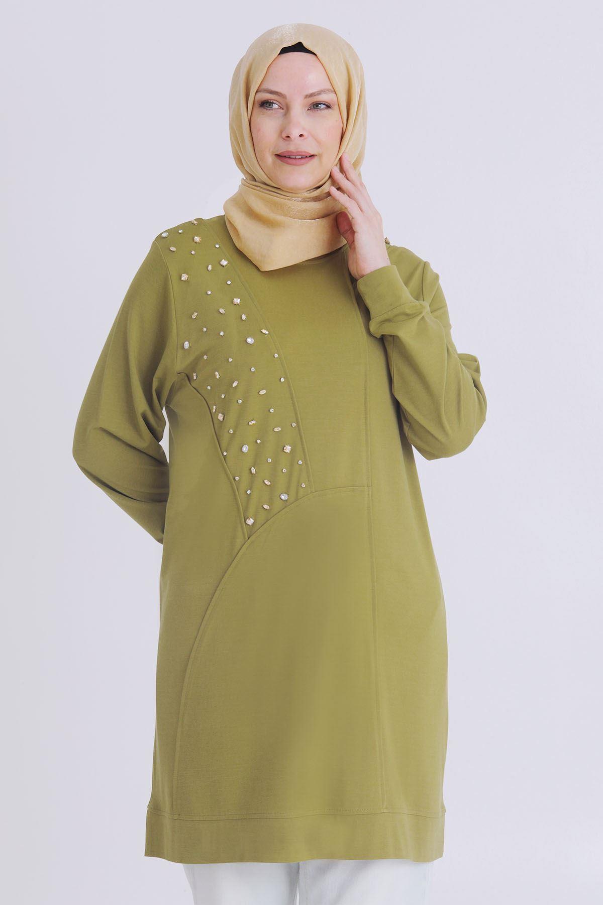 Büyük Beden Taşlı Tunik Olive OTW20114