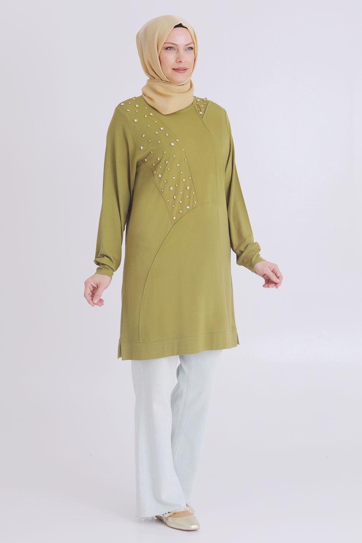 Büyük Beden Taşlı Tunik Olive OTW20114