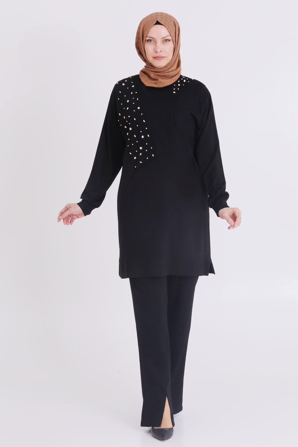Büyük Beden Taşlı Tunik Siyah OTW20114