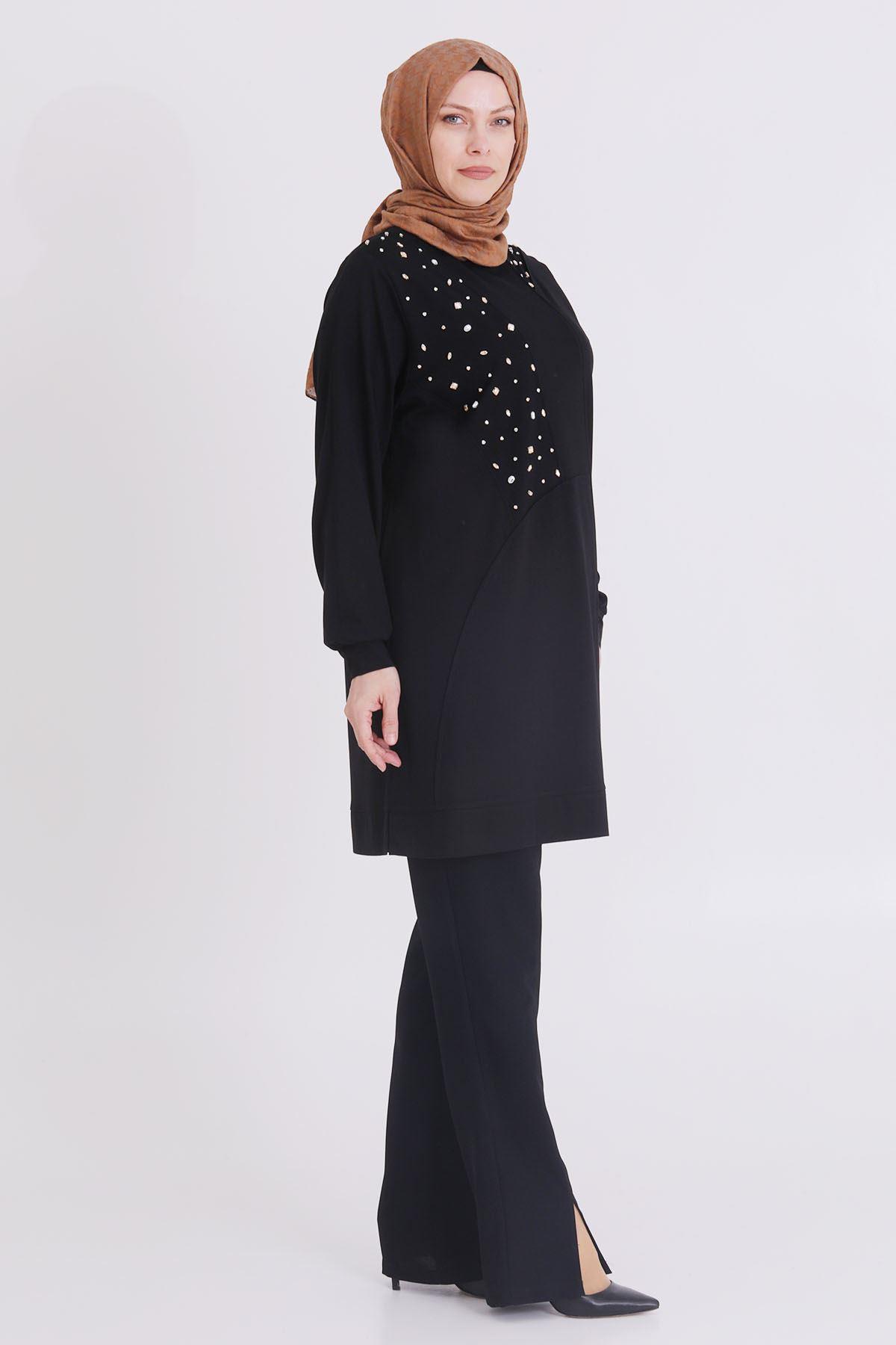 Büyük Beden Taşlı Tunik Siyah OTW20114