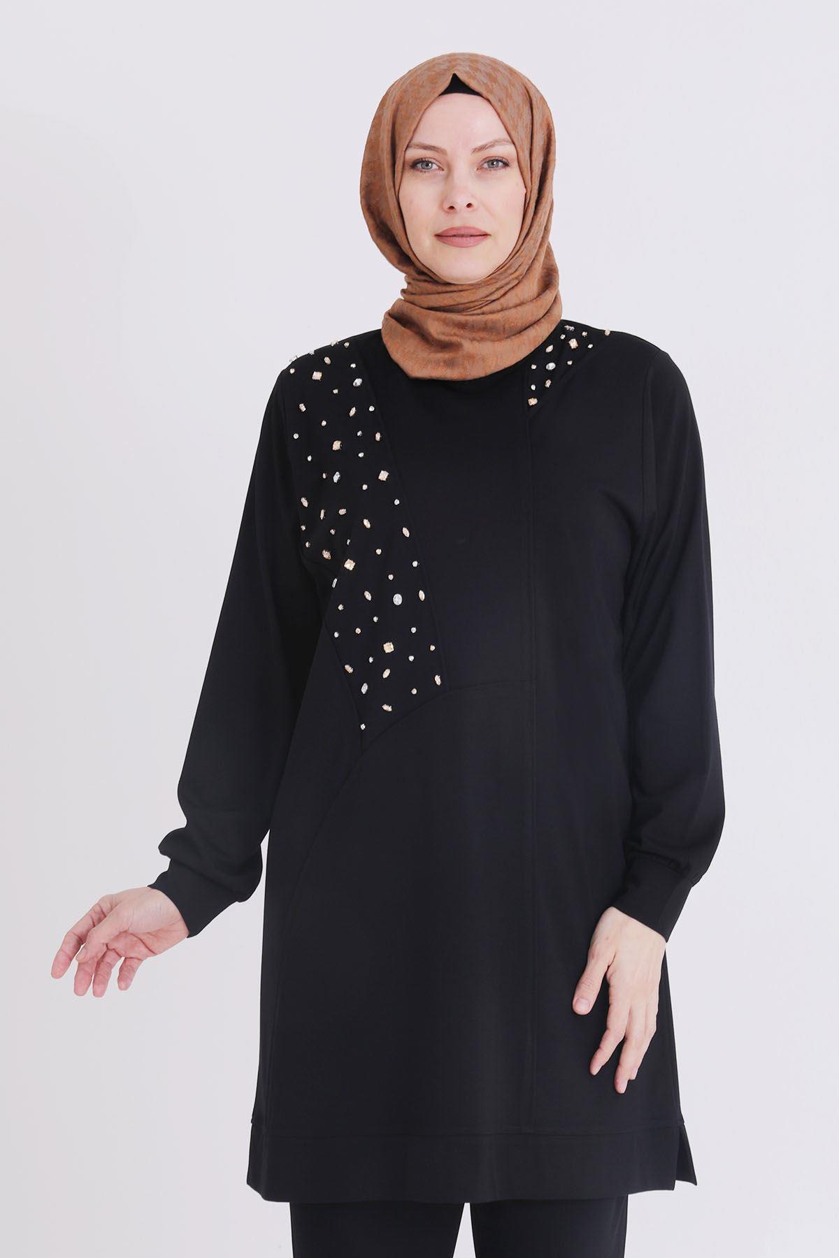 Büyük Beden Taşlı Tunik Siyah OTW20114