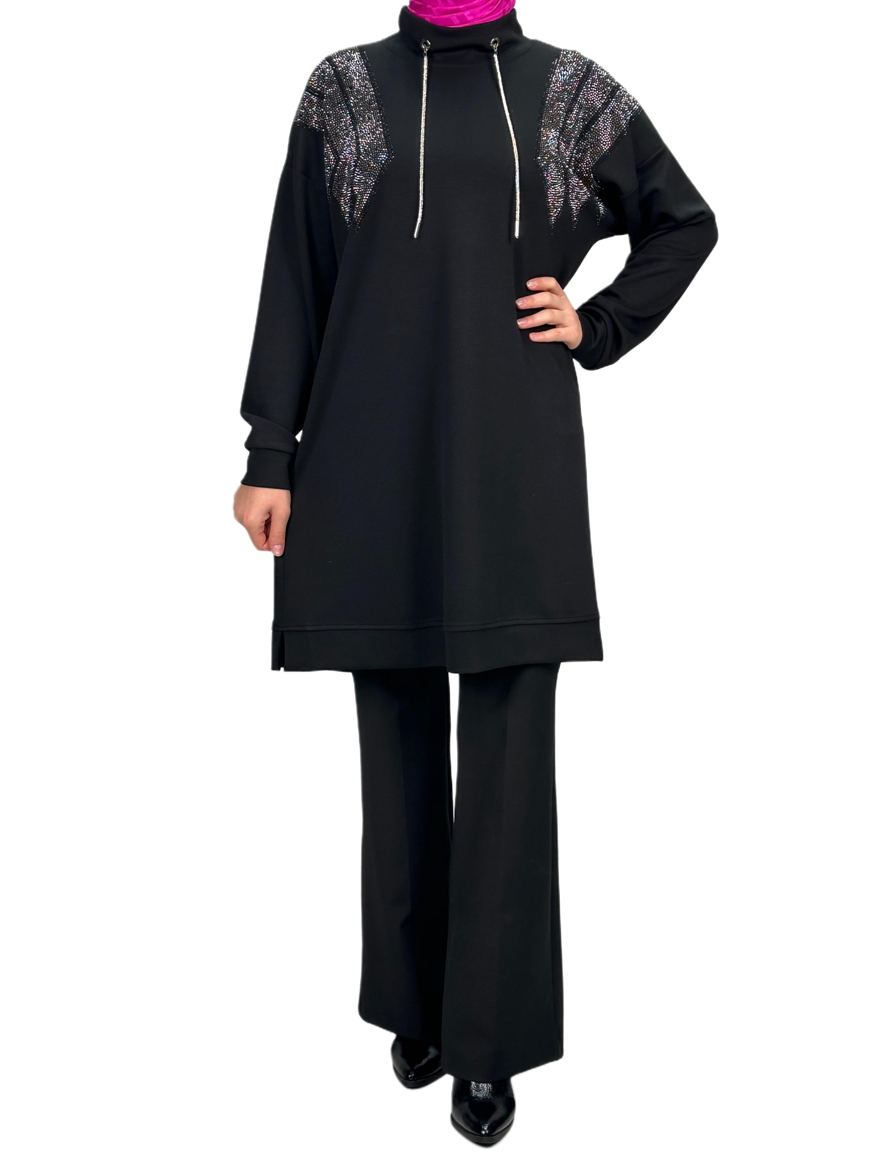 Büyük Beden Taşlı Tunik Siyah OTW2116