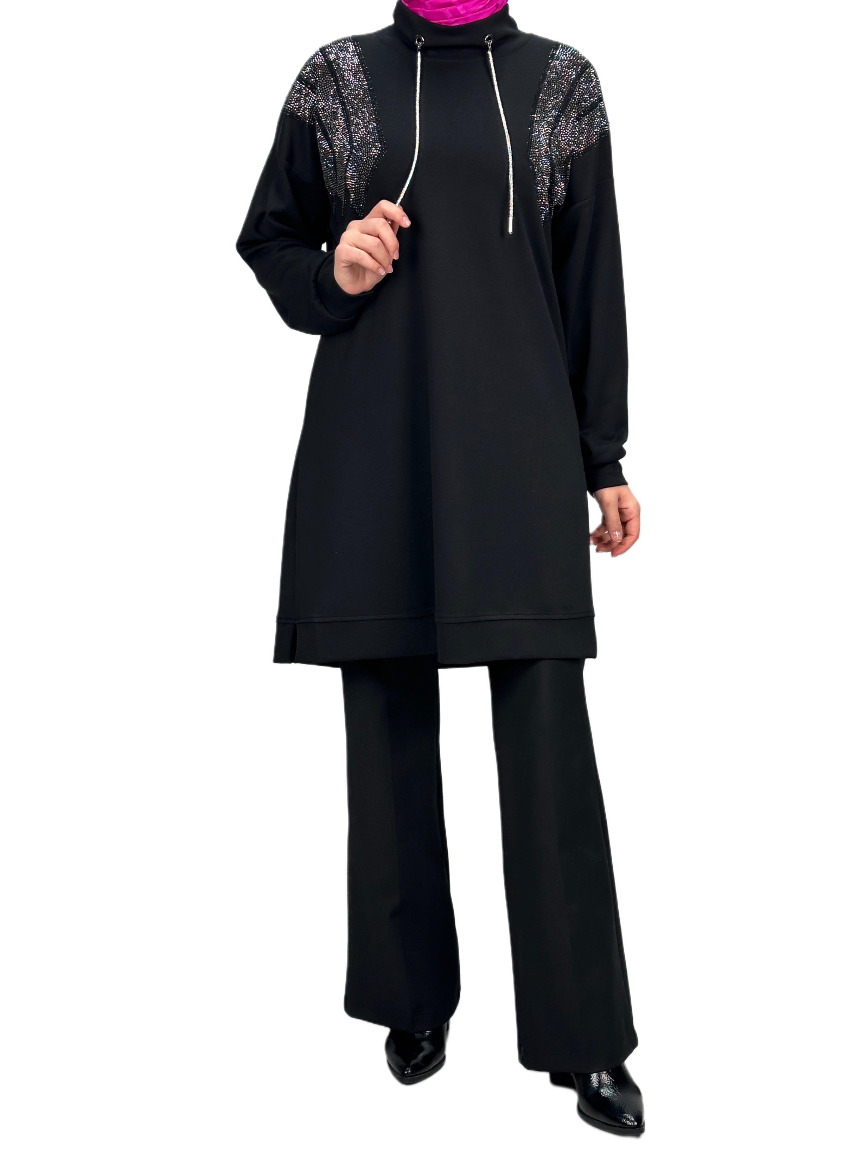 Büyük Beden Taşlı Tunik Siyah OTW2116