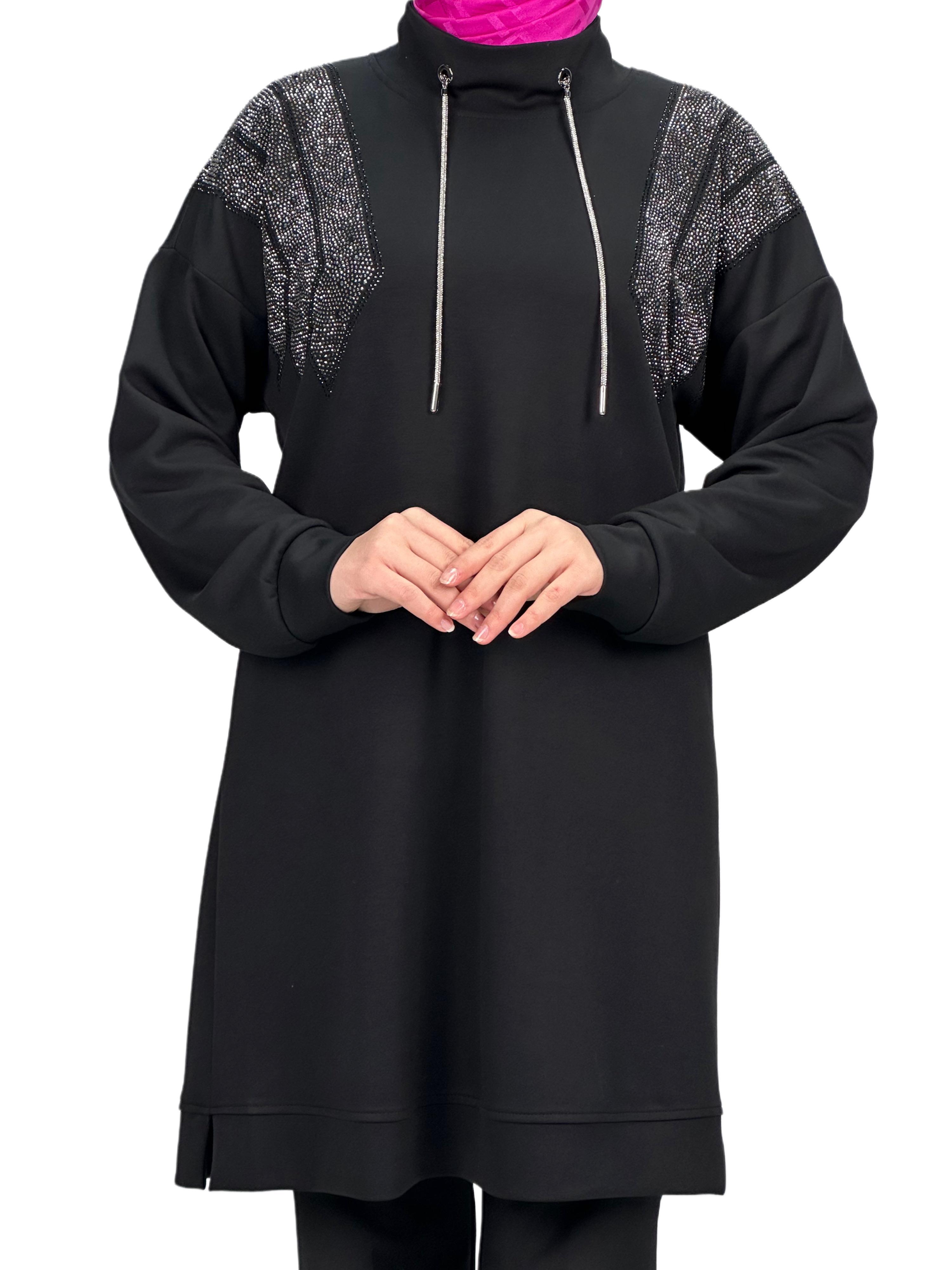 Büyük Beden Taşlı Tunik Siyah OTW2116