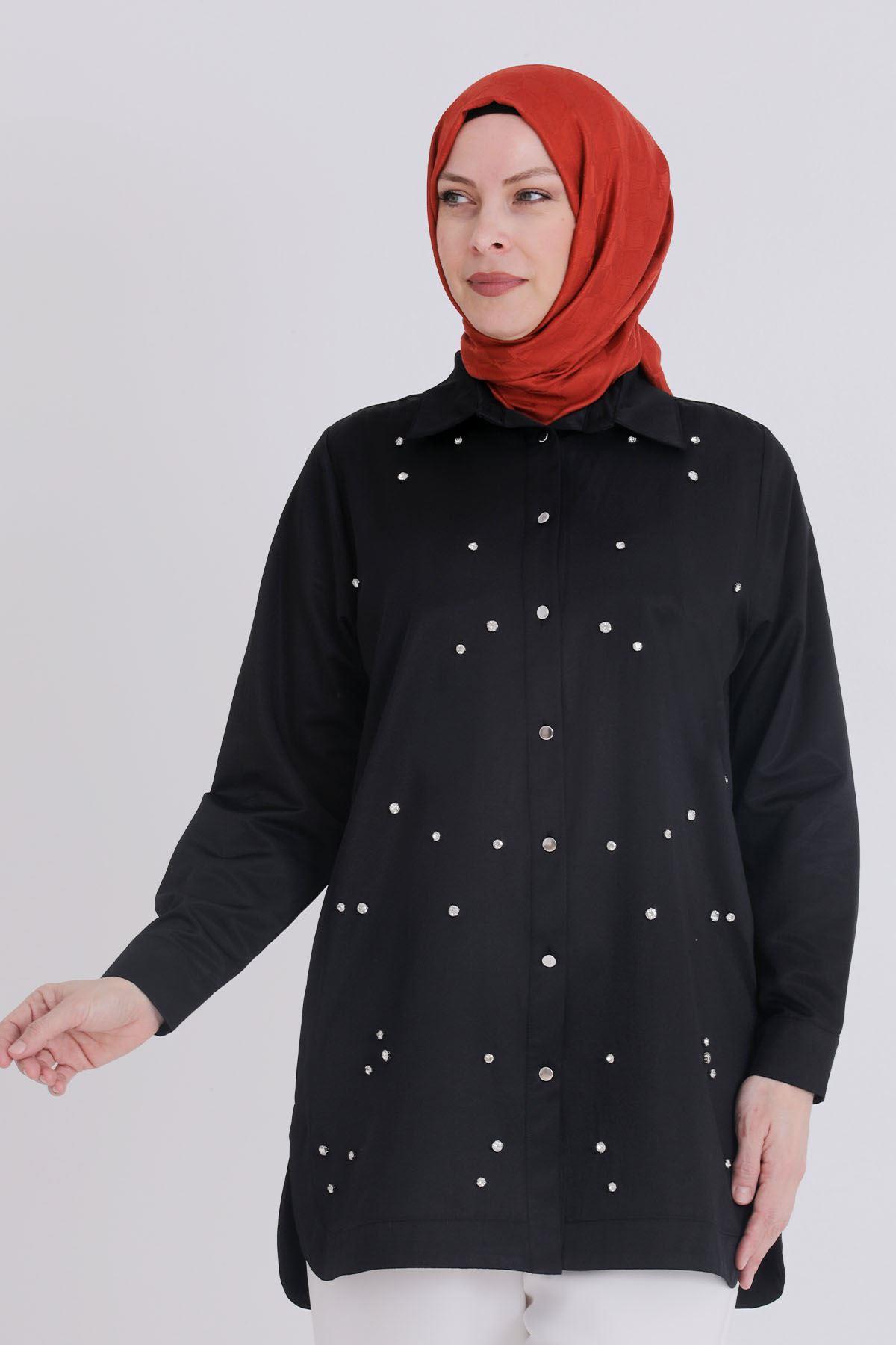 Büyük Beden Taşlı Tunik Siyah OTW23030