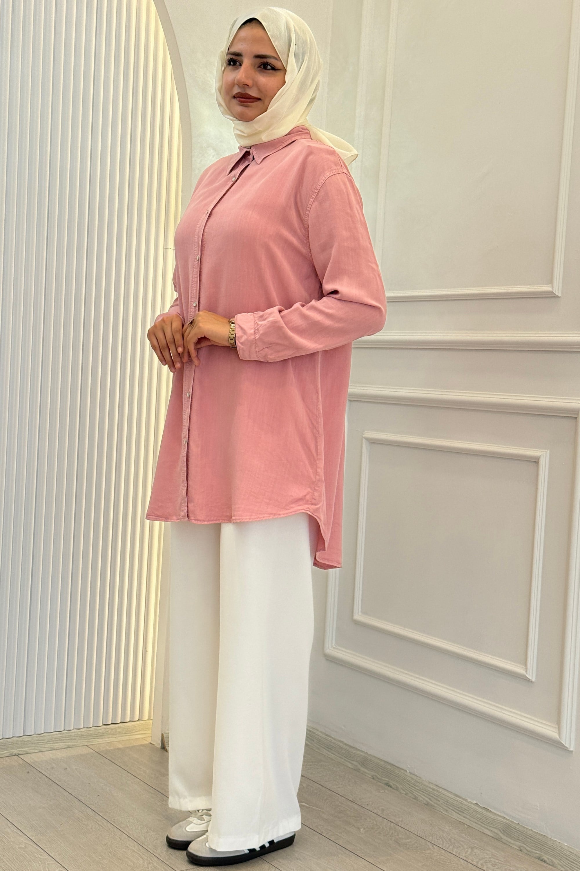 Büyük Beden Tensel Kot Gömlek Tunik Pembe OTW7570