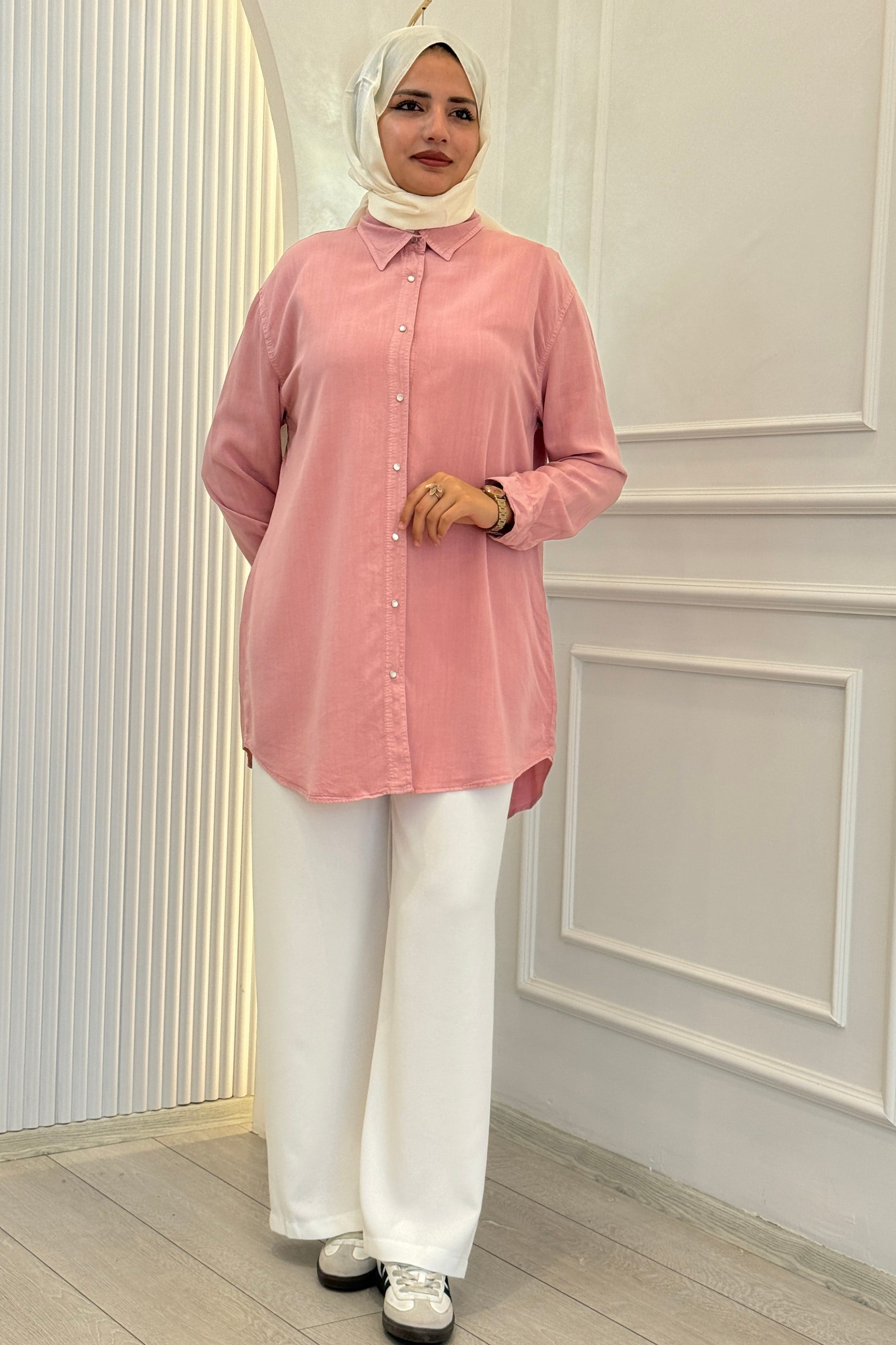 Büyük Beden Tensel Kot Gömlek Tunik Pembe OTW7570