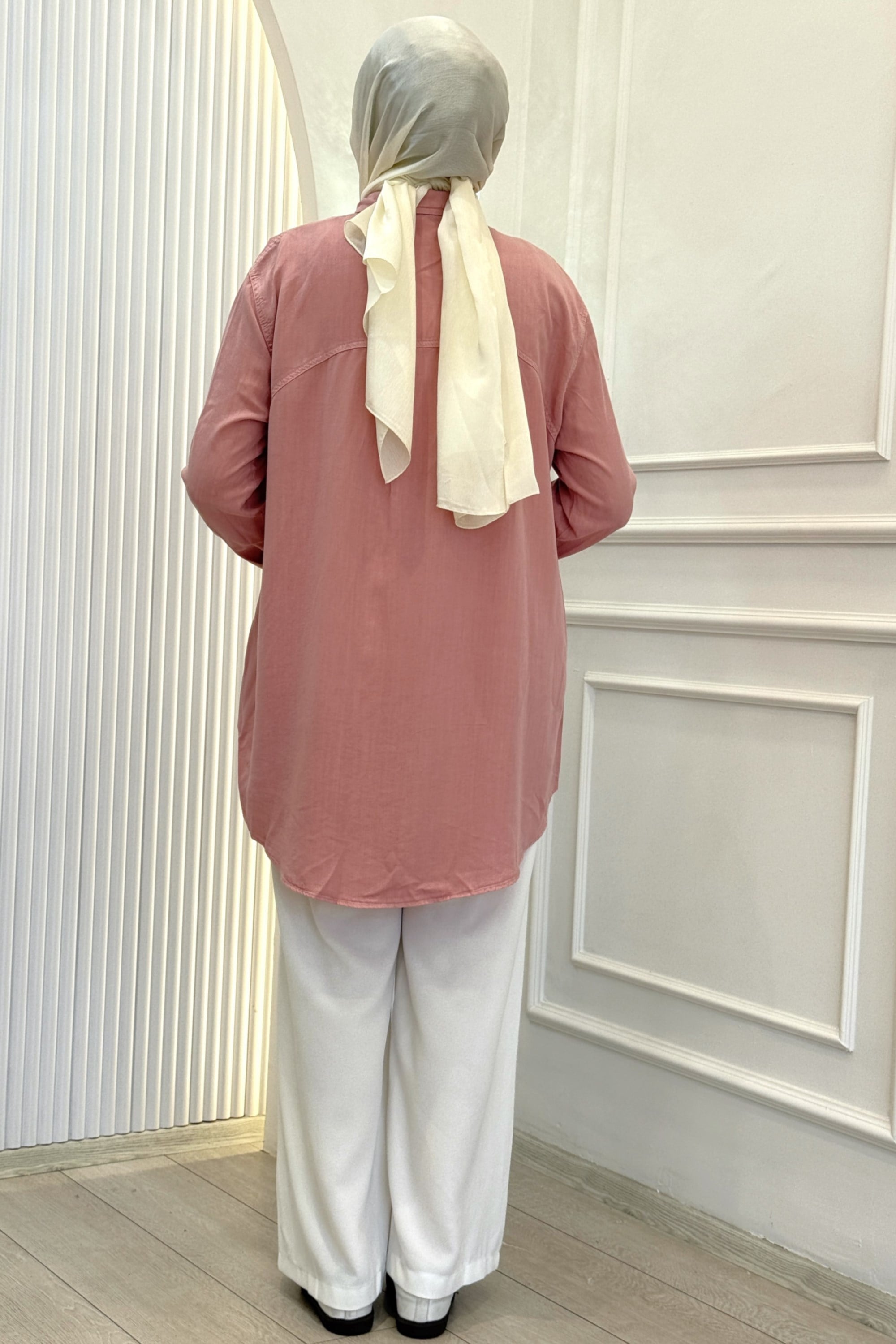 Büyük Beden Tensel Kot Gömlek Tunik Pembe OTW7570