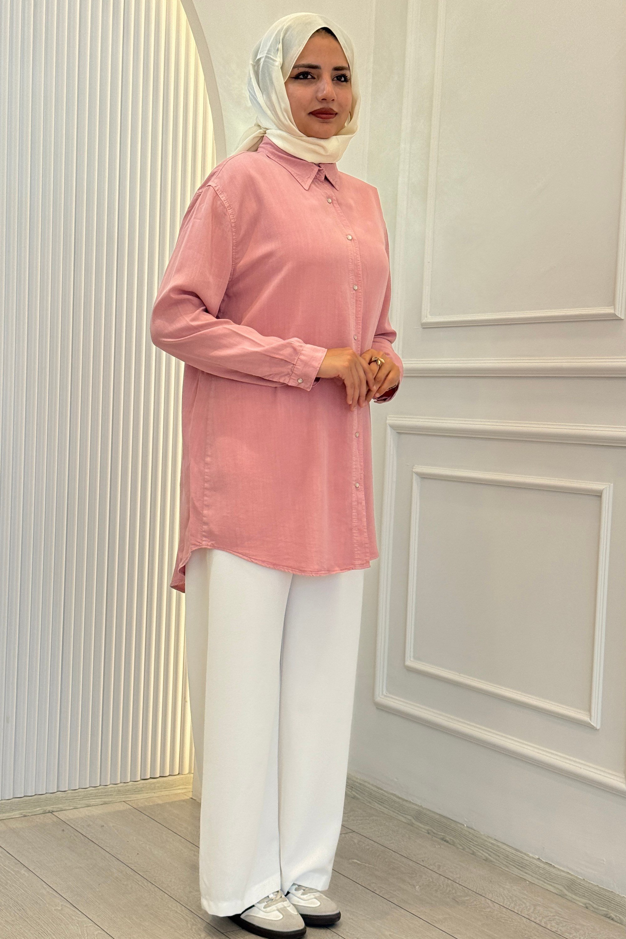 Büyük Beden Tensel Kot Gömlek Tunik Pembe OTW7570