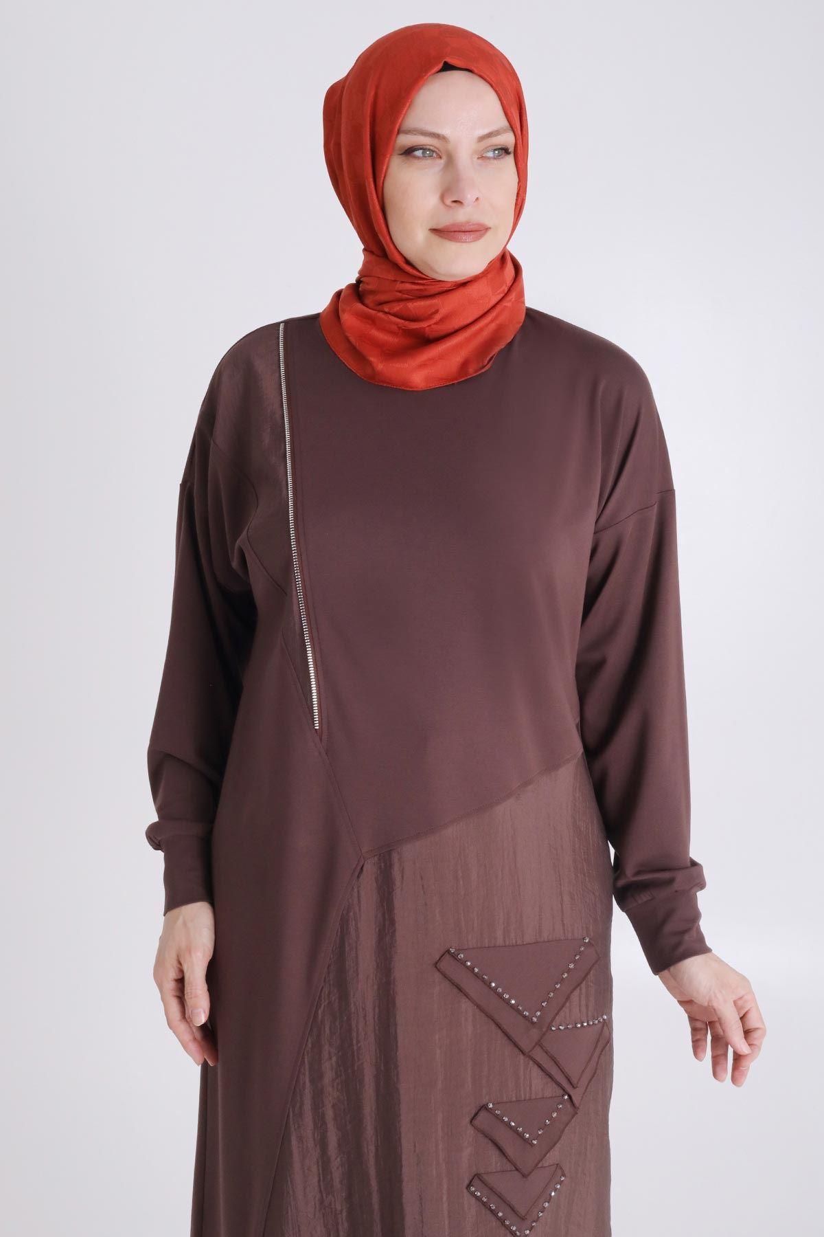 Büyük Beden Tesettür Örme Tunik Kahve OTW20123